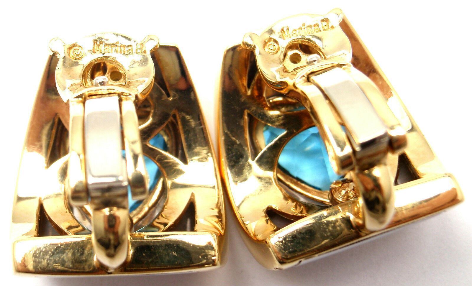 Marina B Jewelry & Watches:Fine Jewelry:Earrings Authentic! Marina B 18k Yellow Gold & Stainless Steel Blue Topaz Heart Earrings