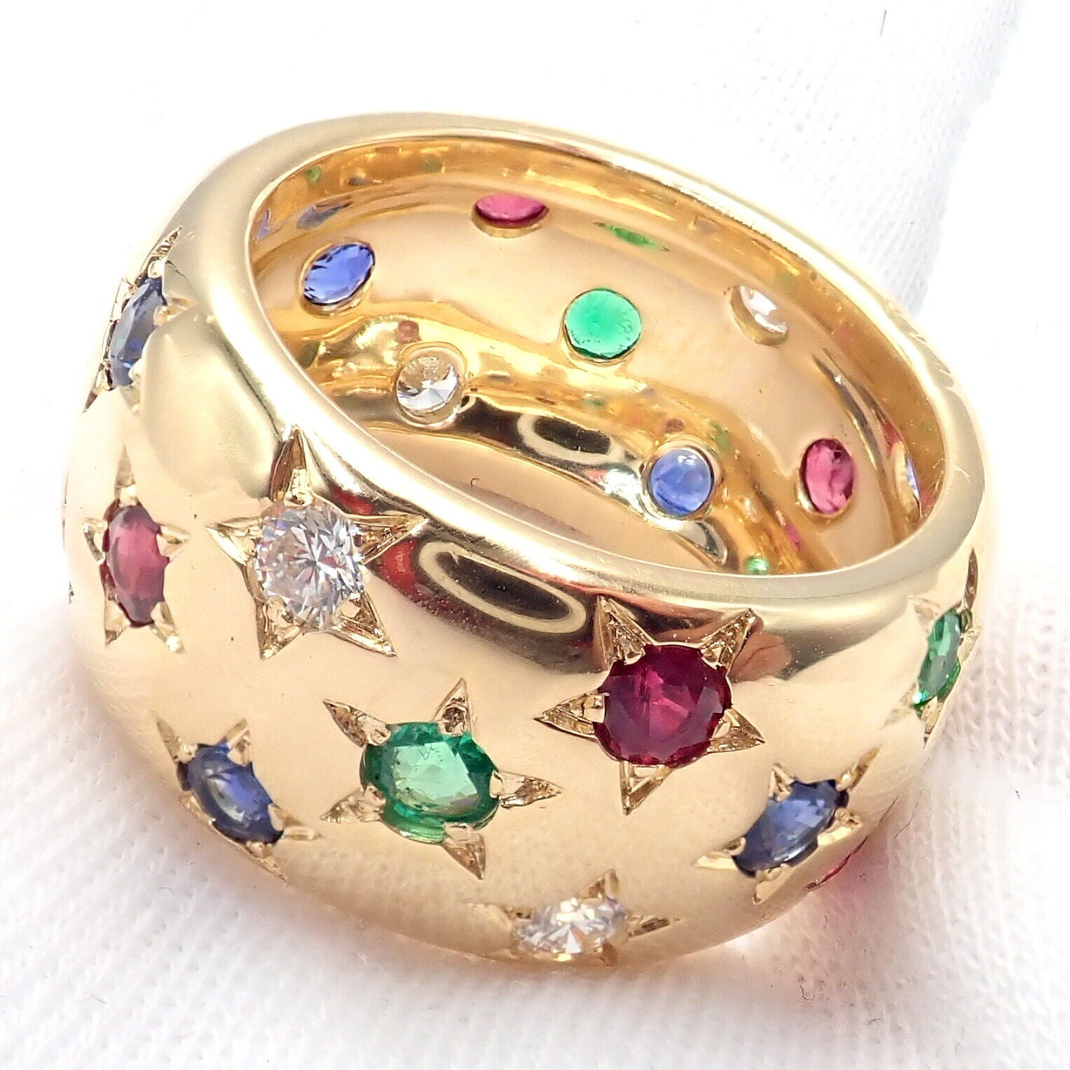 Cartier Jewelry & Watches:Fine Jewelry:Rings Cartier Star 18k Gold Diamond Ruby Emerald Sapphire Band Ring Size 8.25 Cert.