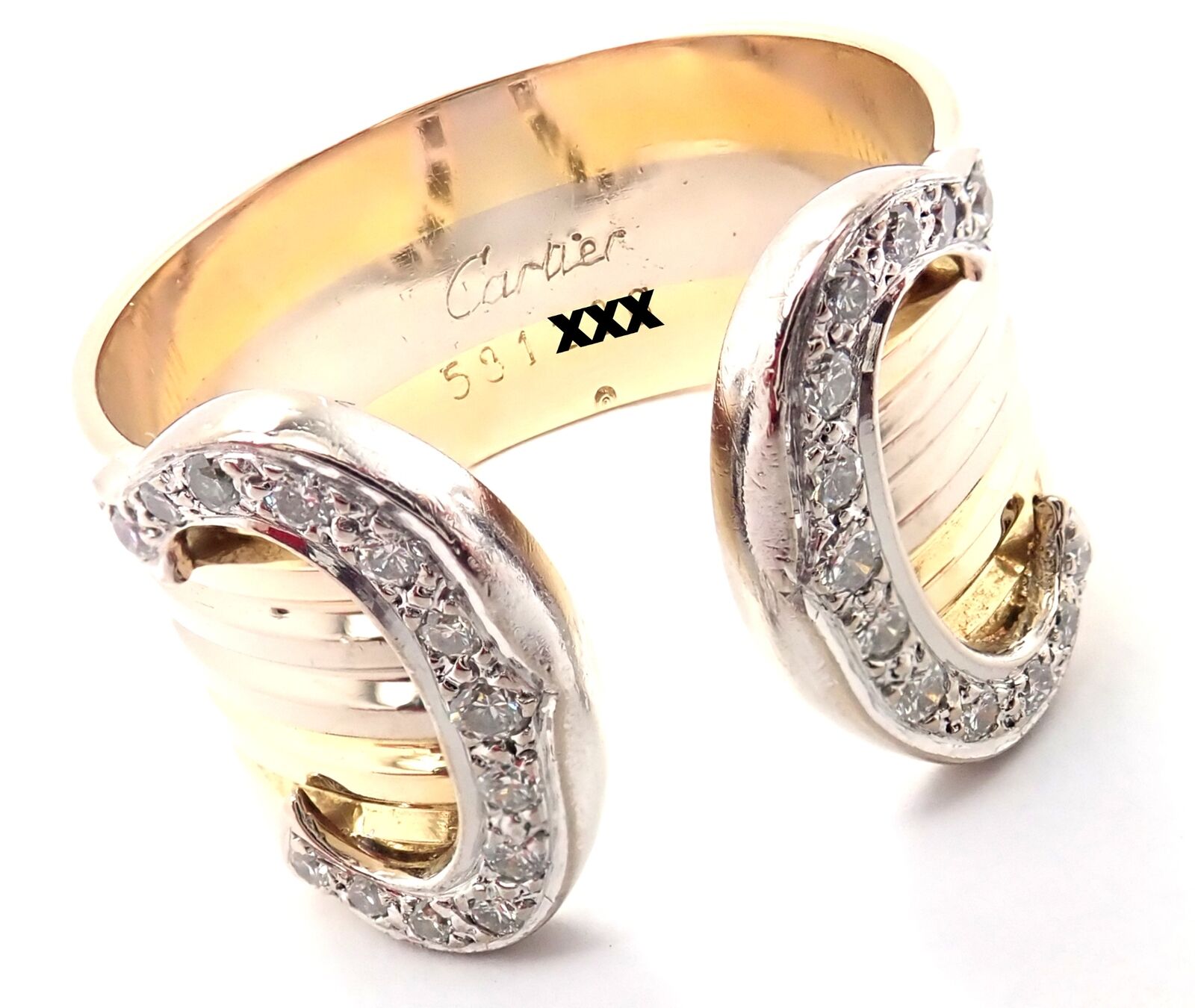 Cartier Jewelry & Watches:Fine Jewelry:Rings Authentic! Cartier Diamond Double C 18k Tri-Color Gold Band Ring Size 55 US 7.25