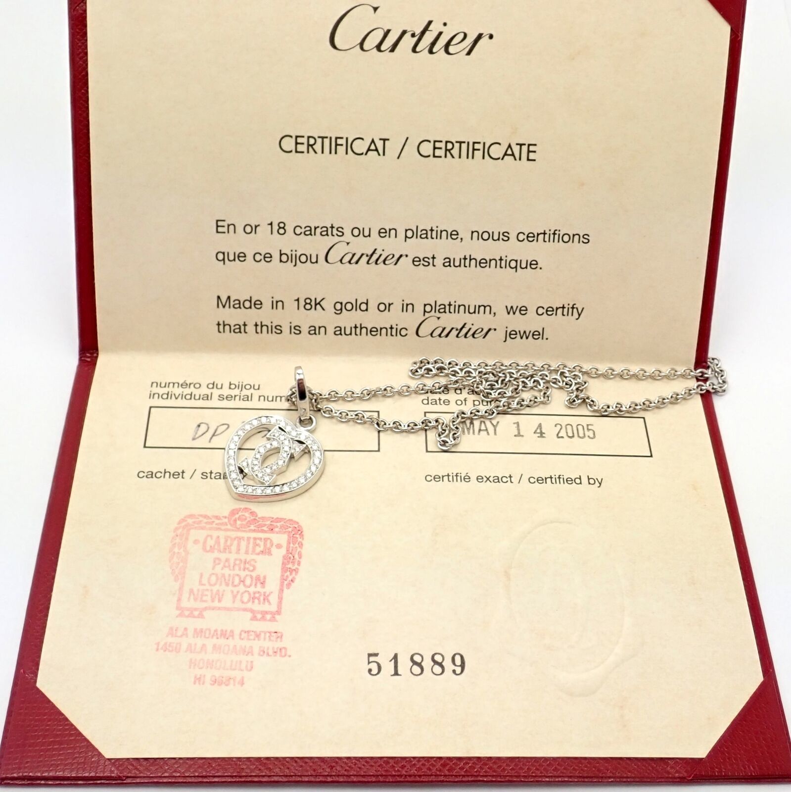 Authentic Cartier Double C Heart 18k White Gold Diamond Pendant