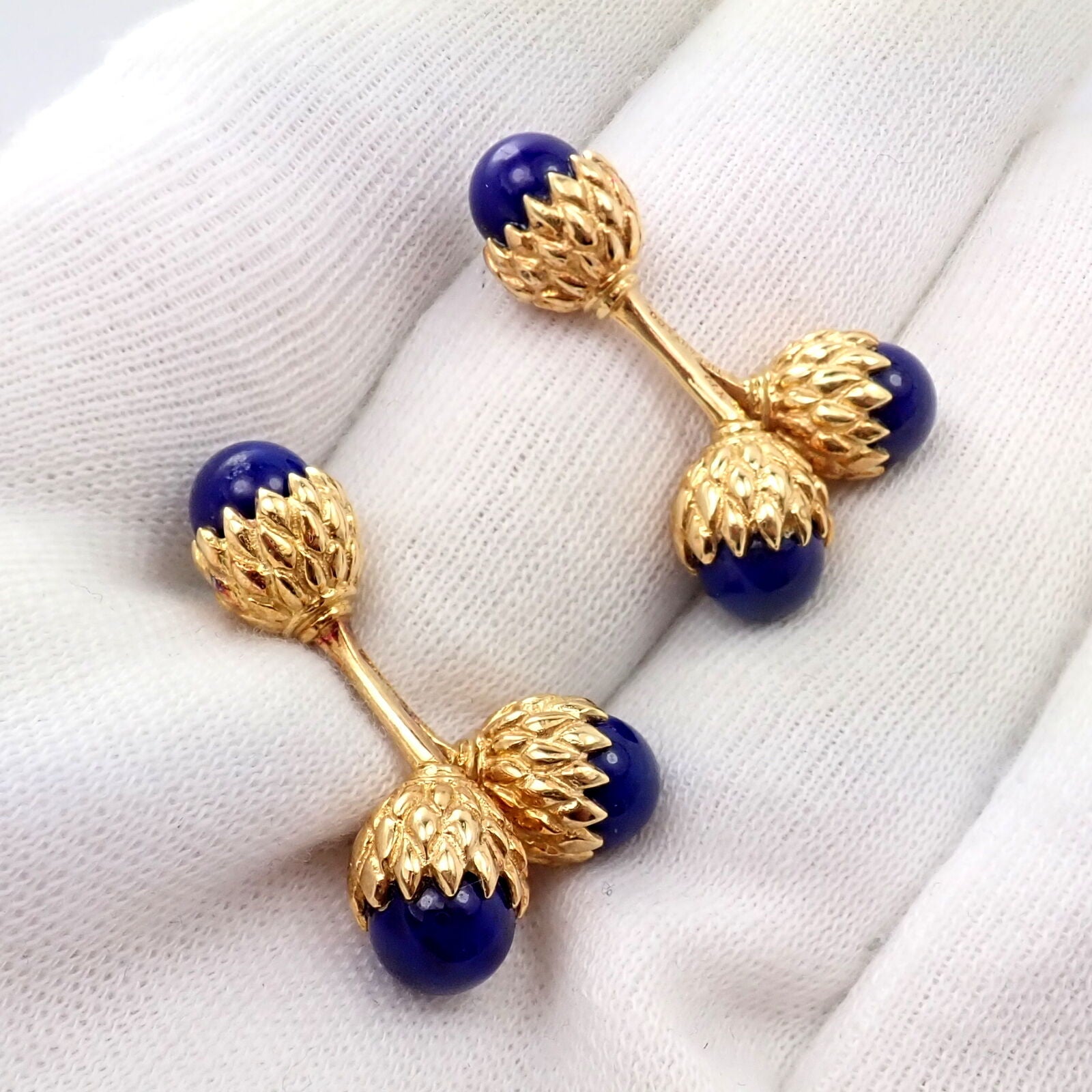 Tiffany & Co. Jewelry & Watches:Men's Jewelry:Cufflinks Tiffany & Co Schlumberger 18k Yellow Gold Lapis Lazuli Double Acorn Cufflinks
