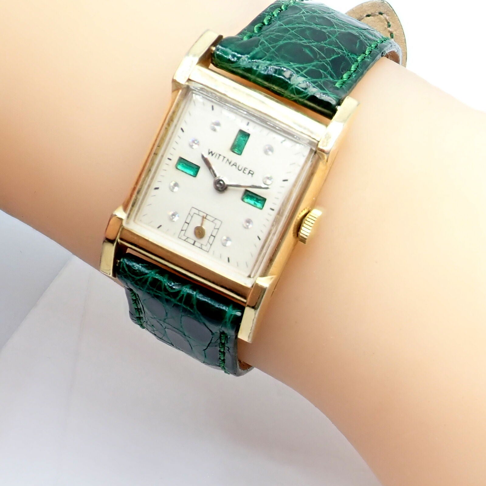 Wittnauer Jewelry & Watches:Watches, Parts & Accessories:Watches:Wristwatches Authentic! Wittnauer 10k Gold Filled Manual Wind Emerald Diamond Fancy Lug Watch