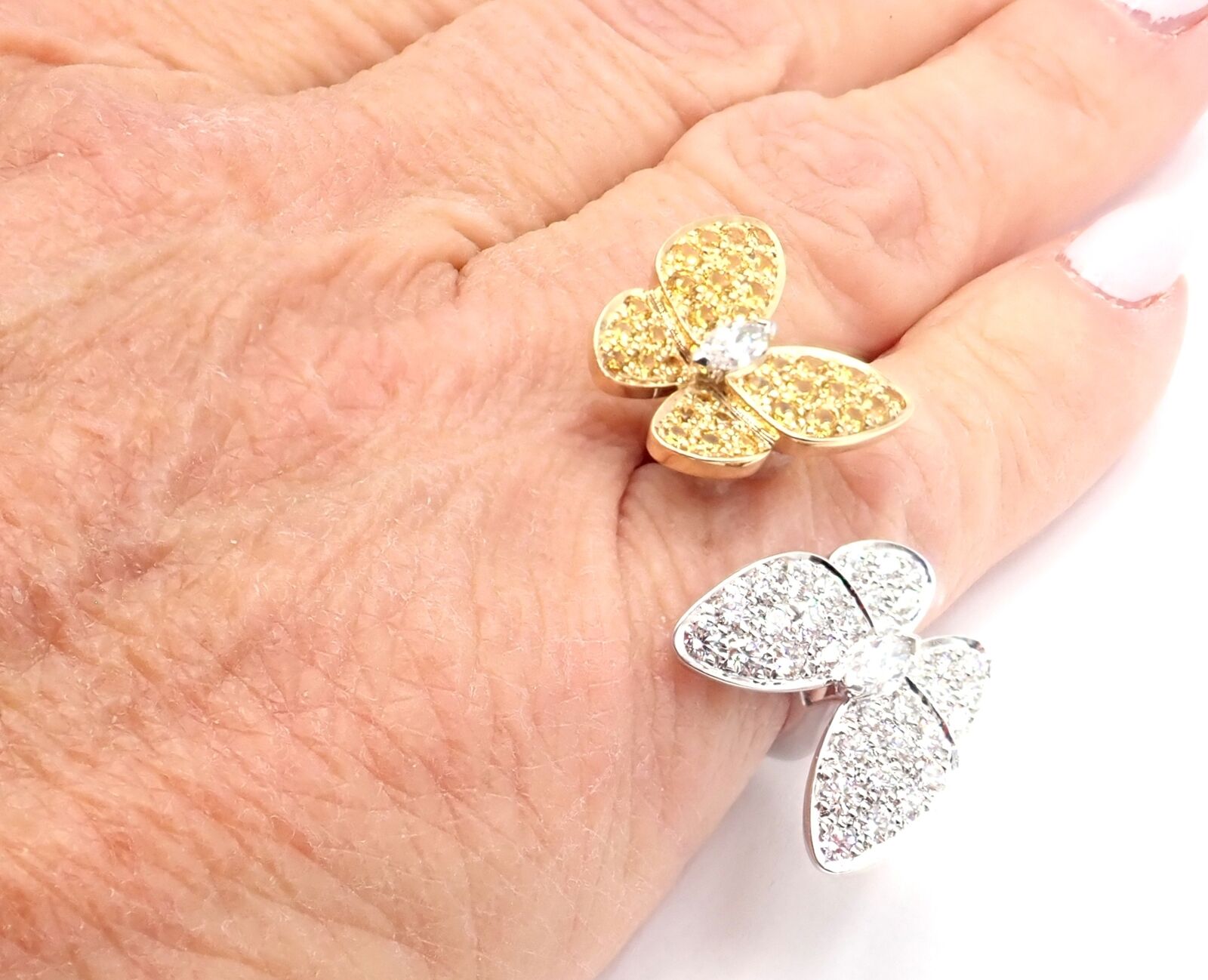 Cartier Jewelry & Watches:Fine Jewelry:Rings Van Cleef & Arpels 18k Gold Diamond Sapphire Two Butterfly Between Finger Ring