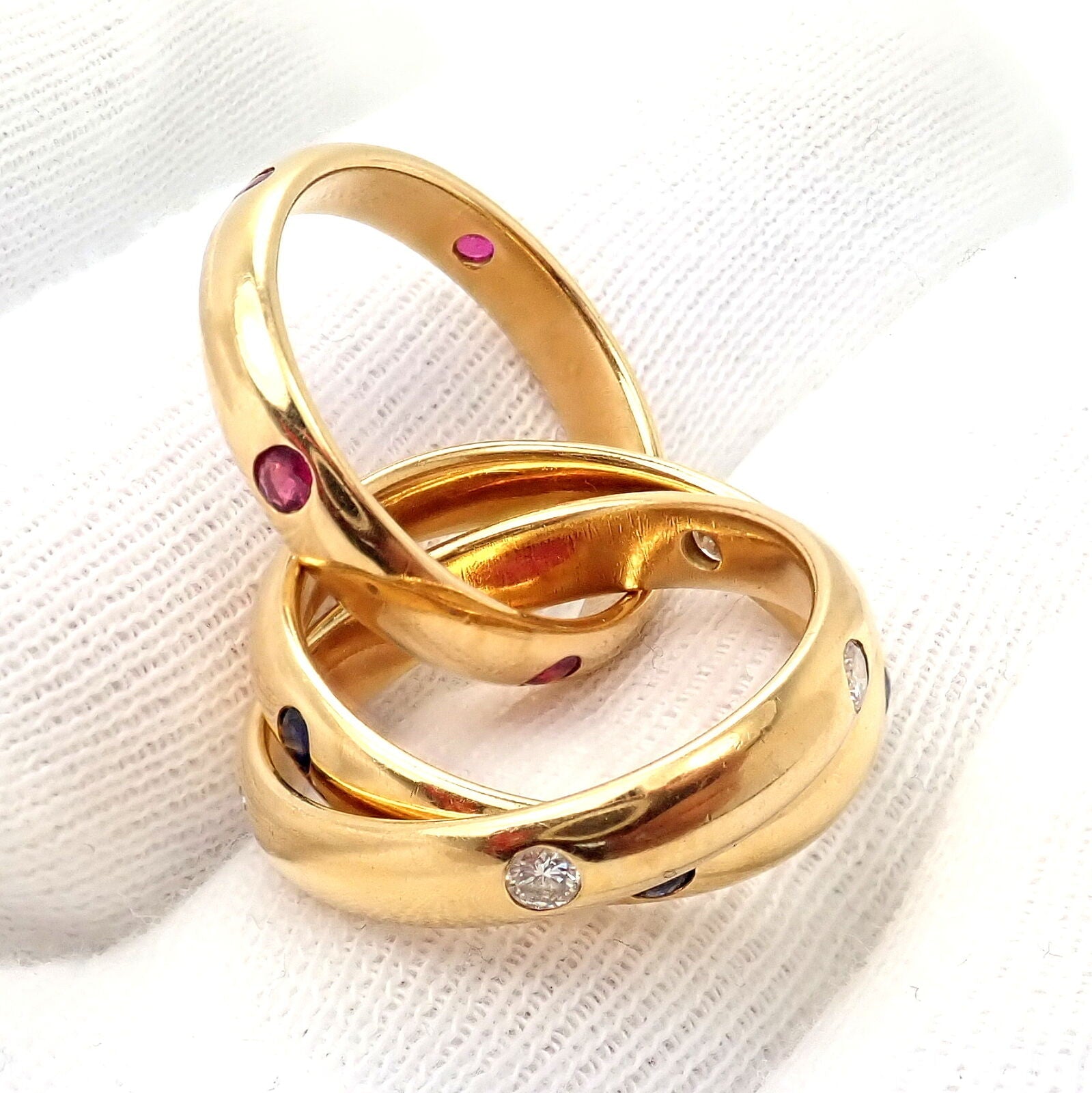 Cartier Jewelry & Watches:Fine Jewelry:Rings Cartier 18k Yellow Gold Ruby Sapphire Diamond Trinity Band Ring Size 51 5.5