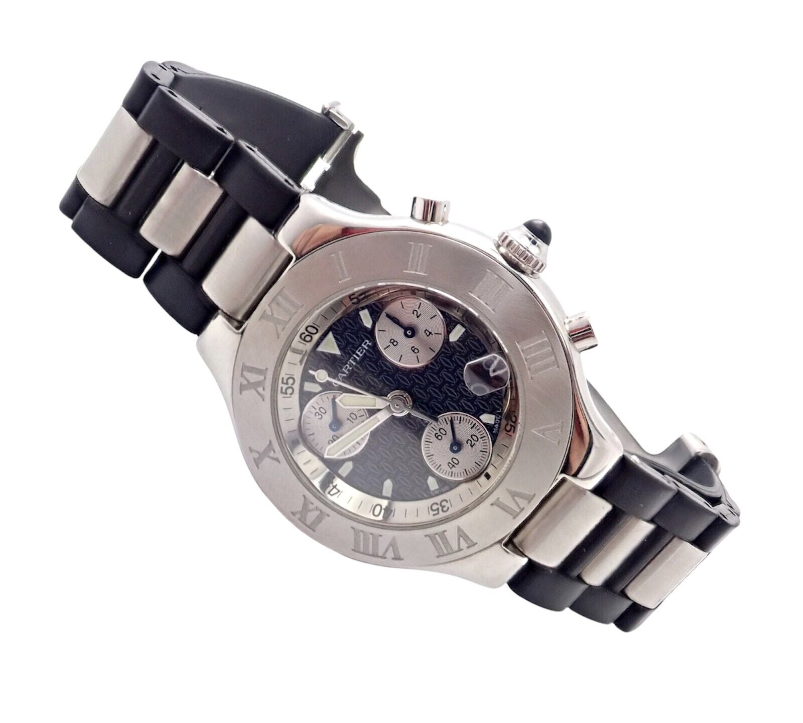 Cartier Jewelry & Watches:Watches, Parts & Accessories:Watches:Wristwatches Authentic! Cartier Stainless Steel Chronograph 21 Quartz Rubber Band Watch