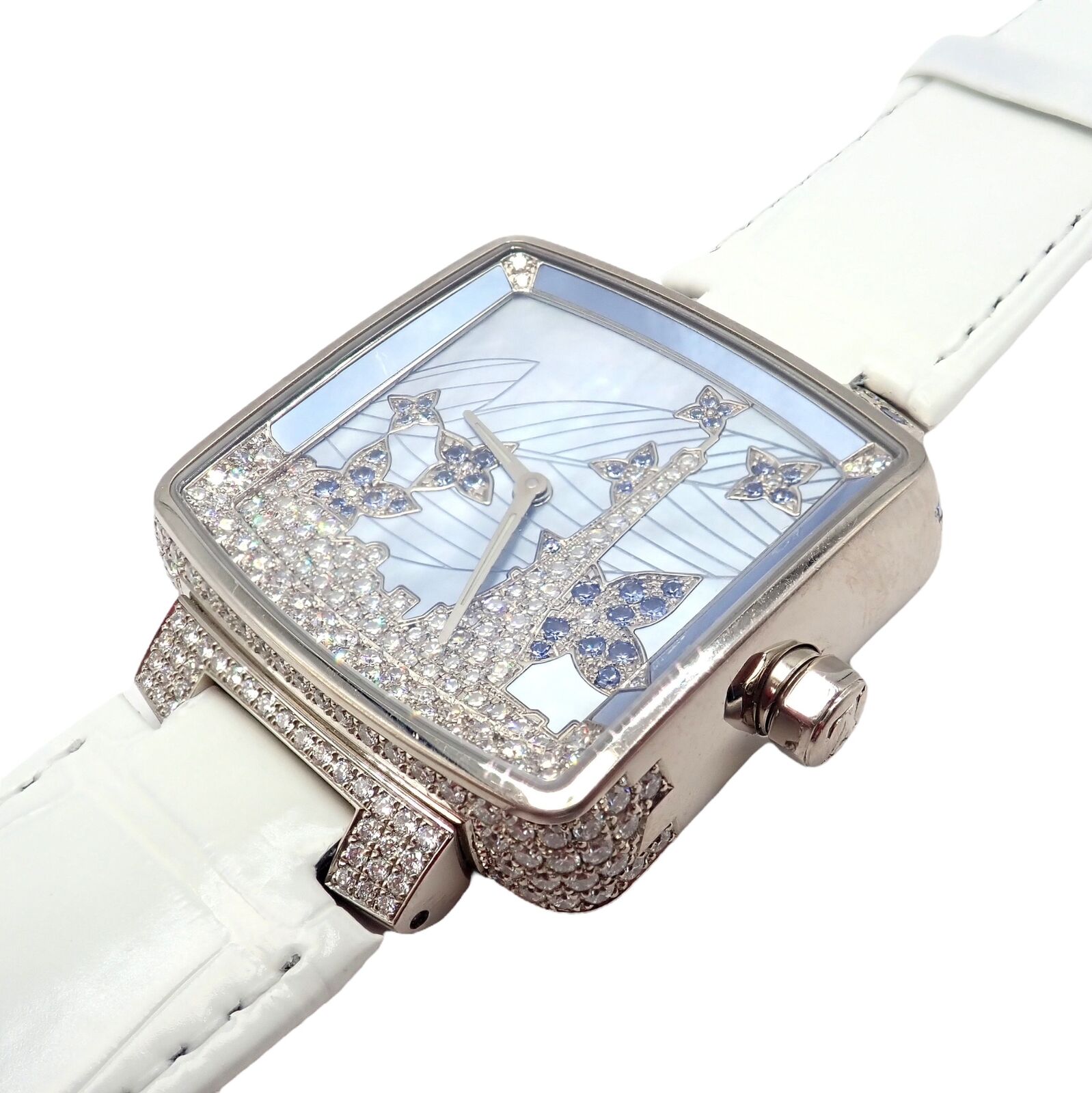 Louis Vuitton Jewelry & Watches:Watches, Parts & Accessories:Watches:Wristwatches Rare Louis Vuitton 18K White Gold Diamond Sapphire Paris 34mm Ladies Watch Q233E
