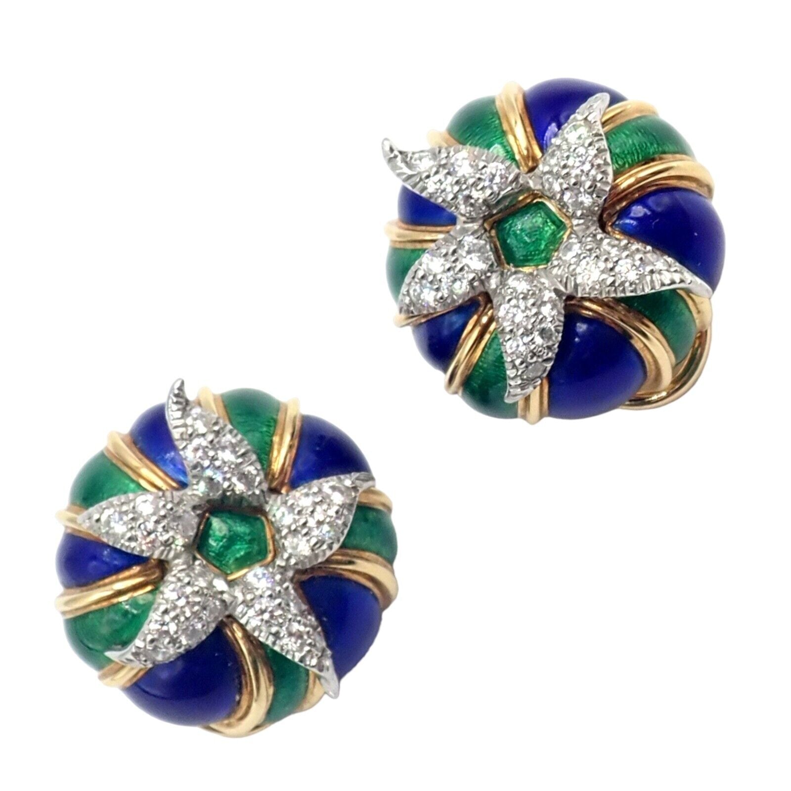 Jean Schlumberger for Tiffany & Co. Jewelry & Watches:Fine Jewelry:Earrings Tiffany & Co Schlumberger Green Blue Enamel 18k Yellow Gold Diamond Earrings