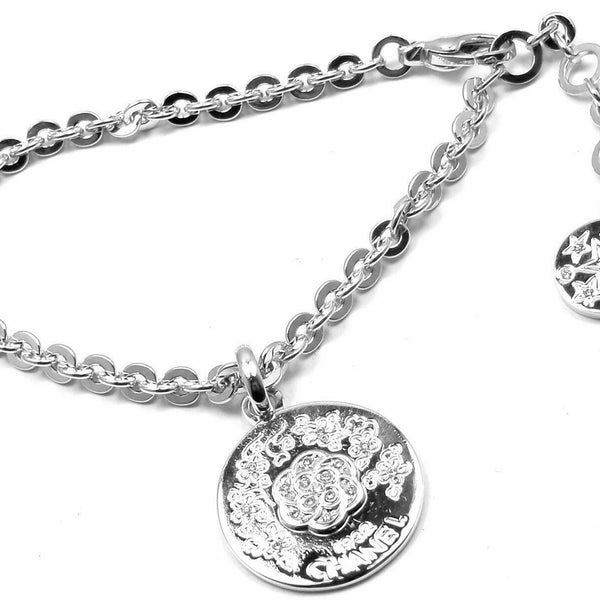 Authentic! Chanel Camellia Comete 18k White Gold Diamond Link Charm  Bracelet