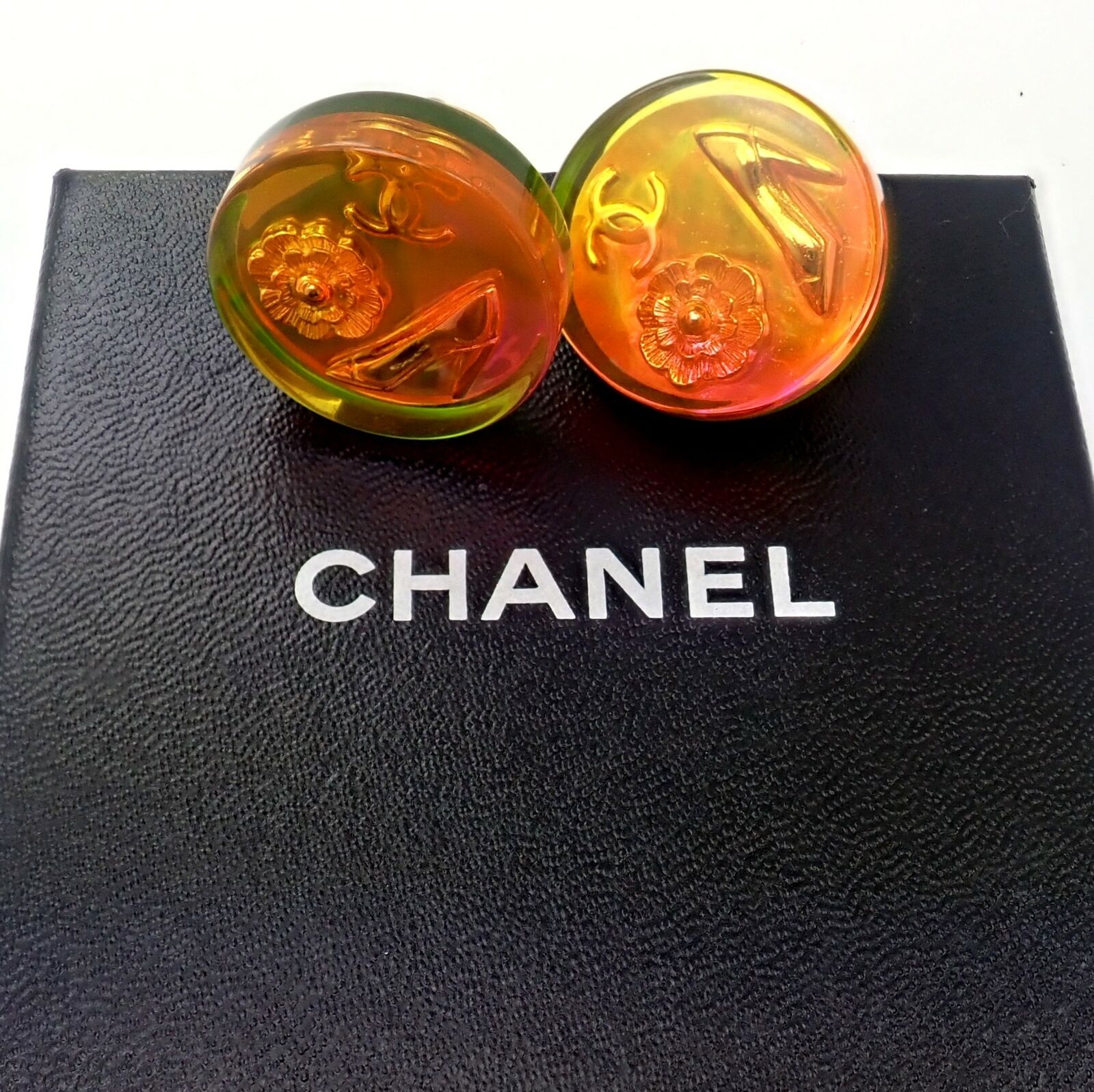 Rare! Vintage Chanel Paris France Holographic Logo Camellia Earrings 1997 Spring