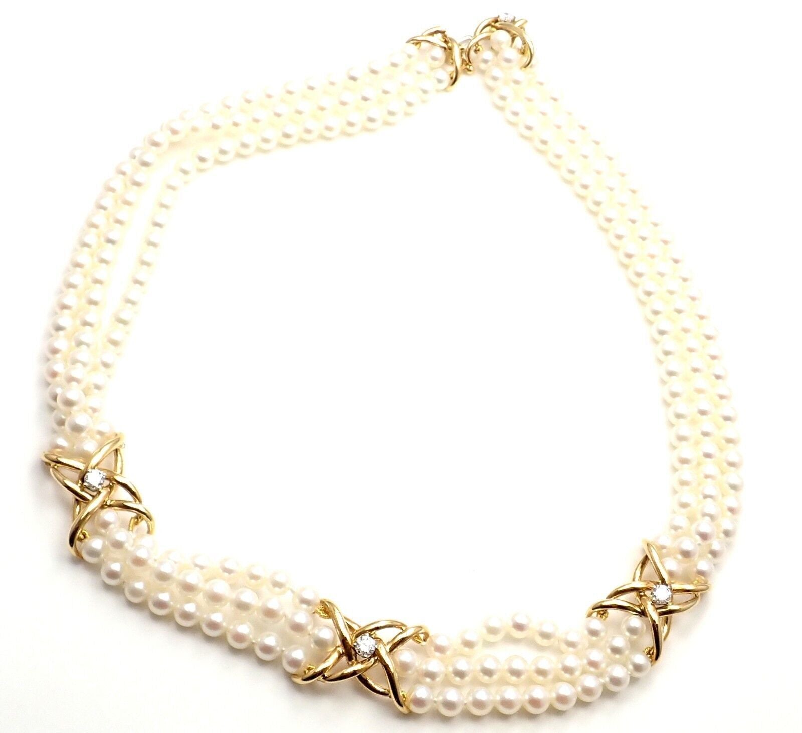 Tiffany & Co. Jewelry & Watches:Fine Jewelry:Necklaces & Pendants Authentic! Tiffany & Co 18k Yellow Gold Diamond 3 Strand Pearl Necklace