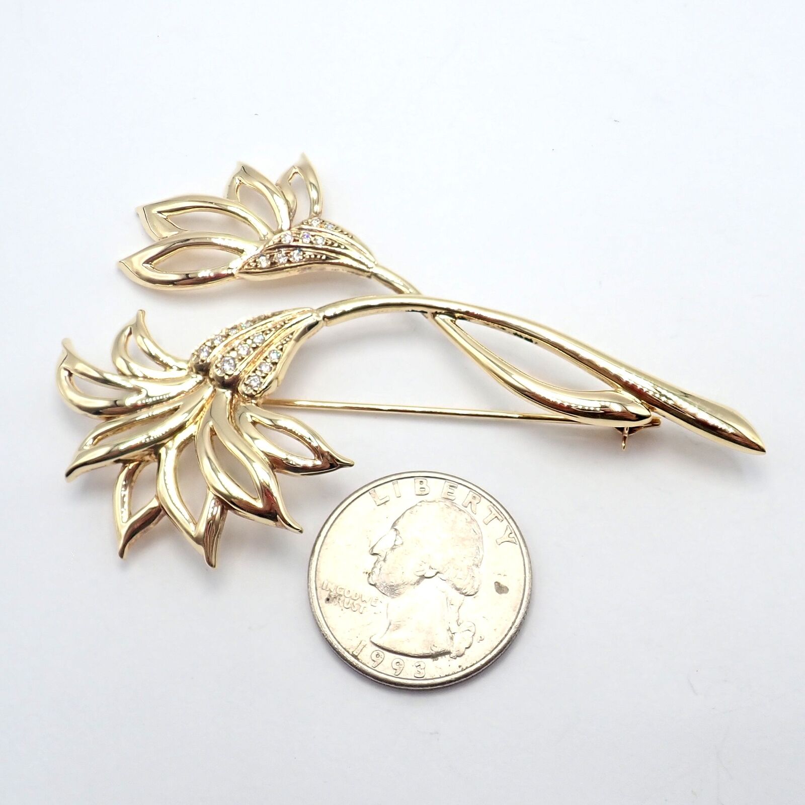 Mikimoto Jewelry & Watches:Fine Jewelry:Brooches & Pins Rare! Vintage Mikimoto 18k Yellow Gold Diamond Large Double Flower Brooch