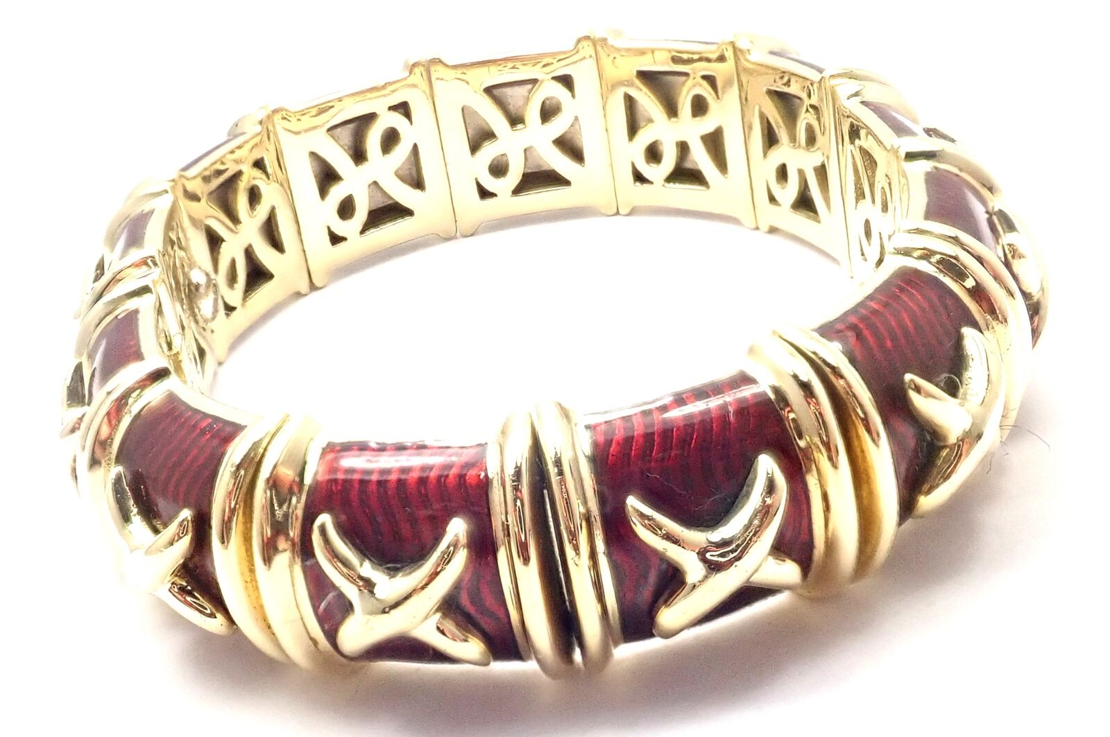 Hidalgo Jewelry & Watches:Fine Jewelry:Bracelets & Charms Authentic! Hidalgo 18k Yellow Gold Red Enamel X Flexible Cuff Bangle Bracelet