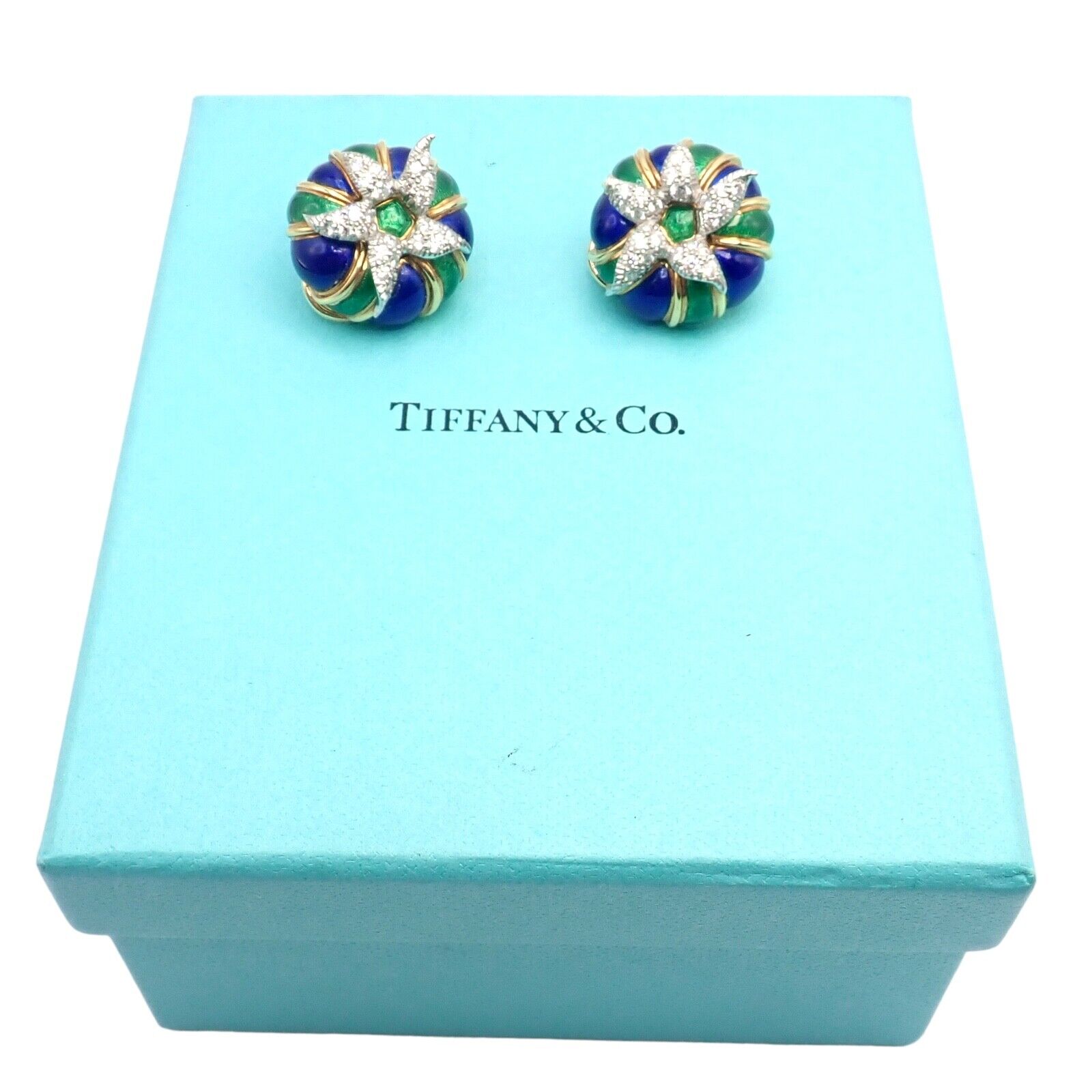 Jean Schlumberger for Tiffany & Co. Jewelry & Watches:Fine Jewelry:Earrings Tiffany & Co Schlumberger Green Blue Enamel 18k Yellow Gold Diamond Earrings