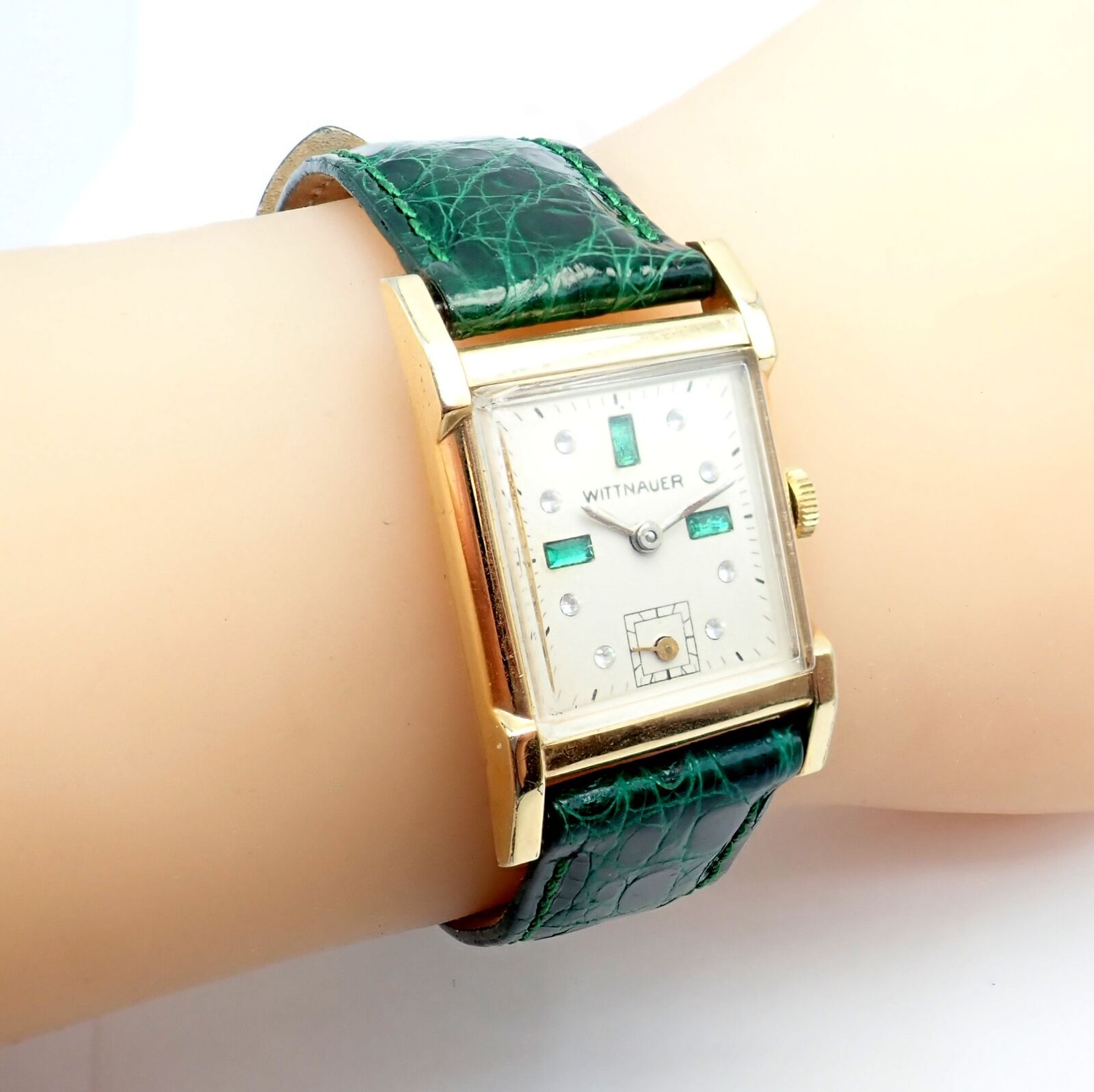Wittnauer Jewelry & Watches:Watches, Parts & Accessories:Watches:Wristwatches Authentic! Wittnauer 10k Gold Filled Manual Wind Emerald Diamond Fancy Lug Watch