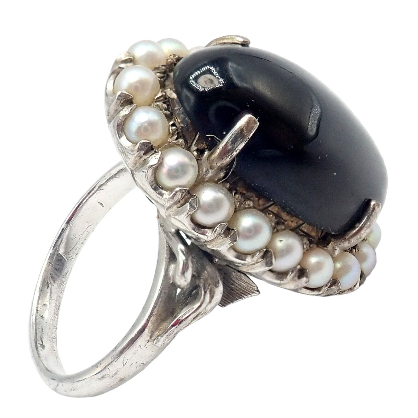 Estate Jewelry & Watches:Vintage & Antique Jewelry:Rings Vintage Estate 14k White Gold Pearl Large Onyx Ring sz 6.5