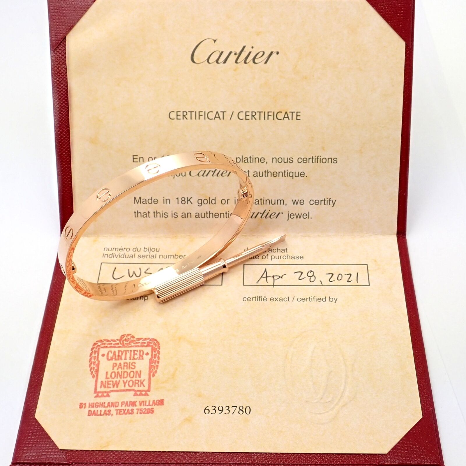 Authentic Cartier 18k Rose Gold Love Bangle Bracelet Size 18 Cert