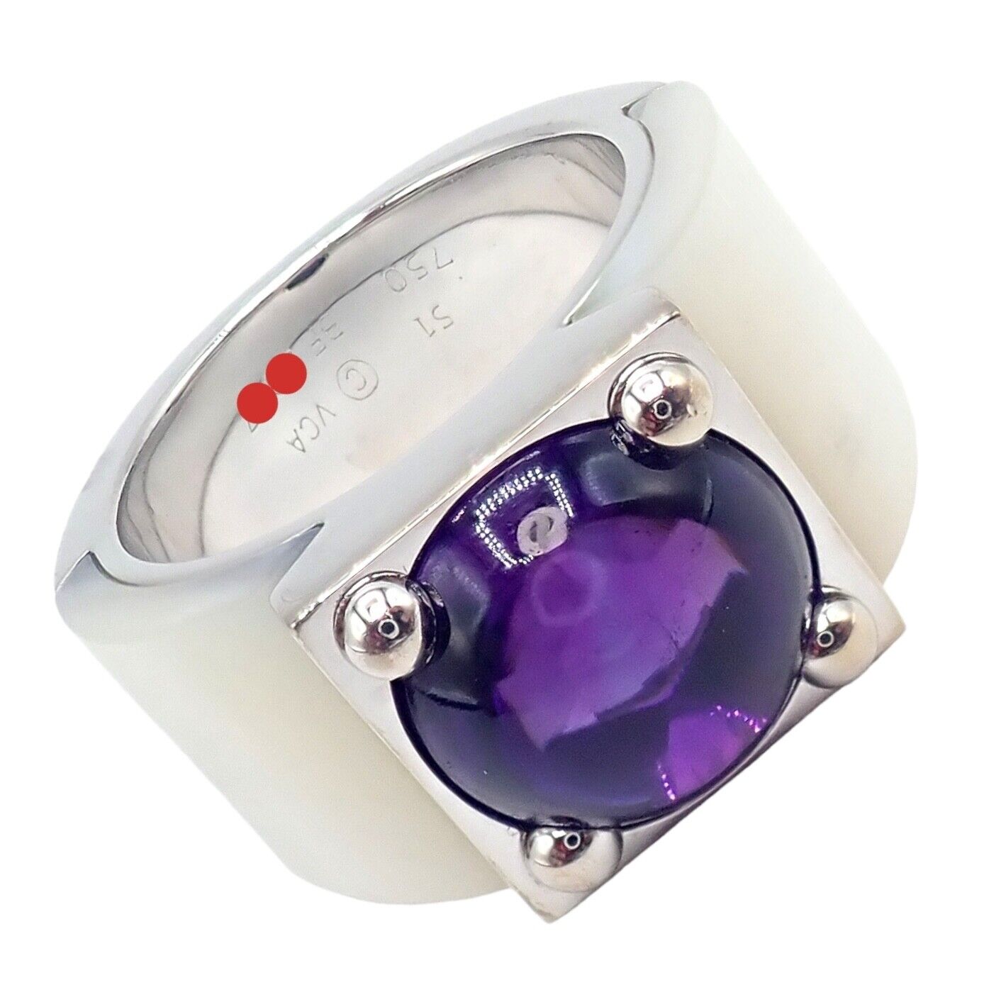 Rare! Authentic Van Cleef & Arpels 18k White Gold Amethyst Mother of Pearl Ring | Fortrove