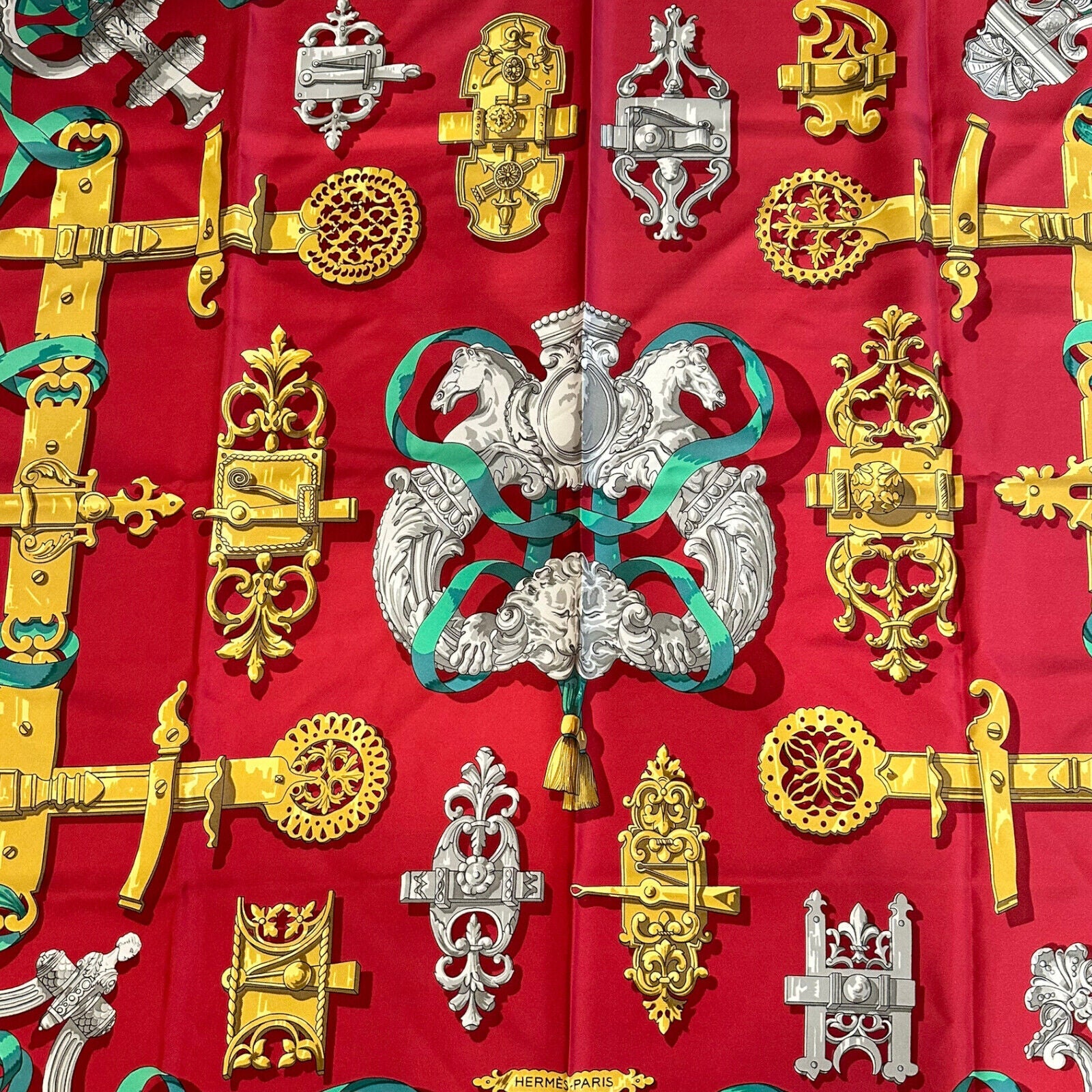 Authentic Rare! Hermes Ferronnerie Ironwork Carre Vintage 90cm Red Silk Scarf