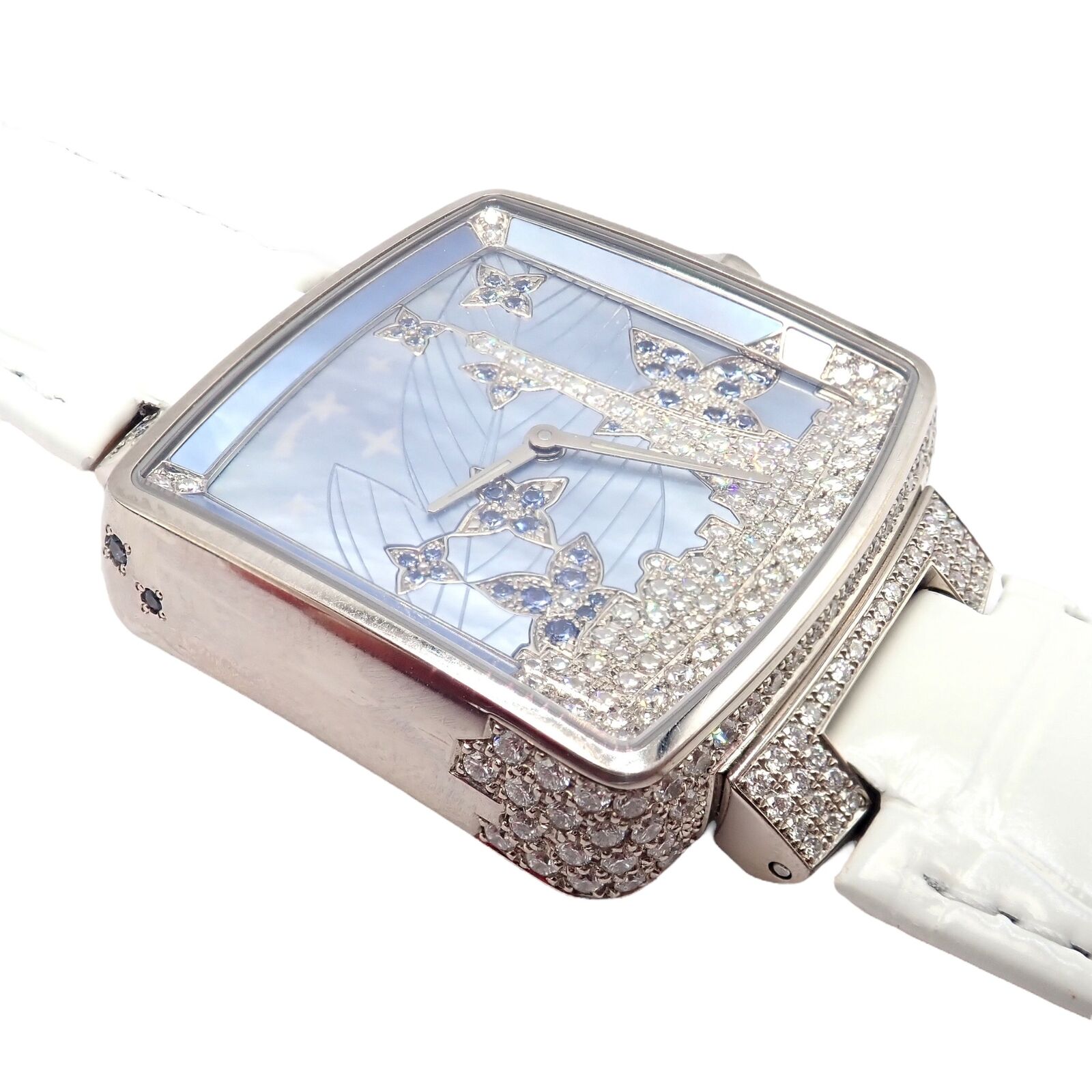 Louis Vuitton Jewelry & Watches:Watches, Parts & Accessories:Watches:Wristwatches Rare Louis Vuitton 18K White Gold Diamond Sapphire Paris 34mm Ladies Watch Q233E