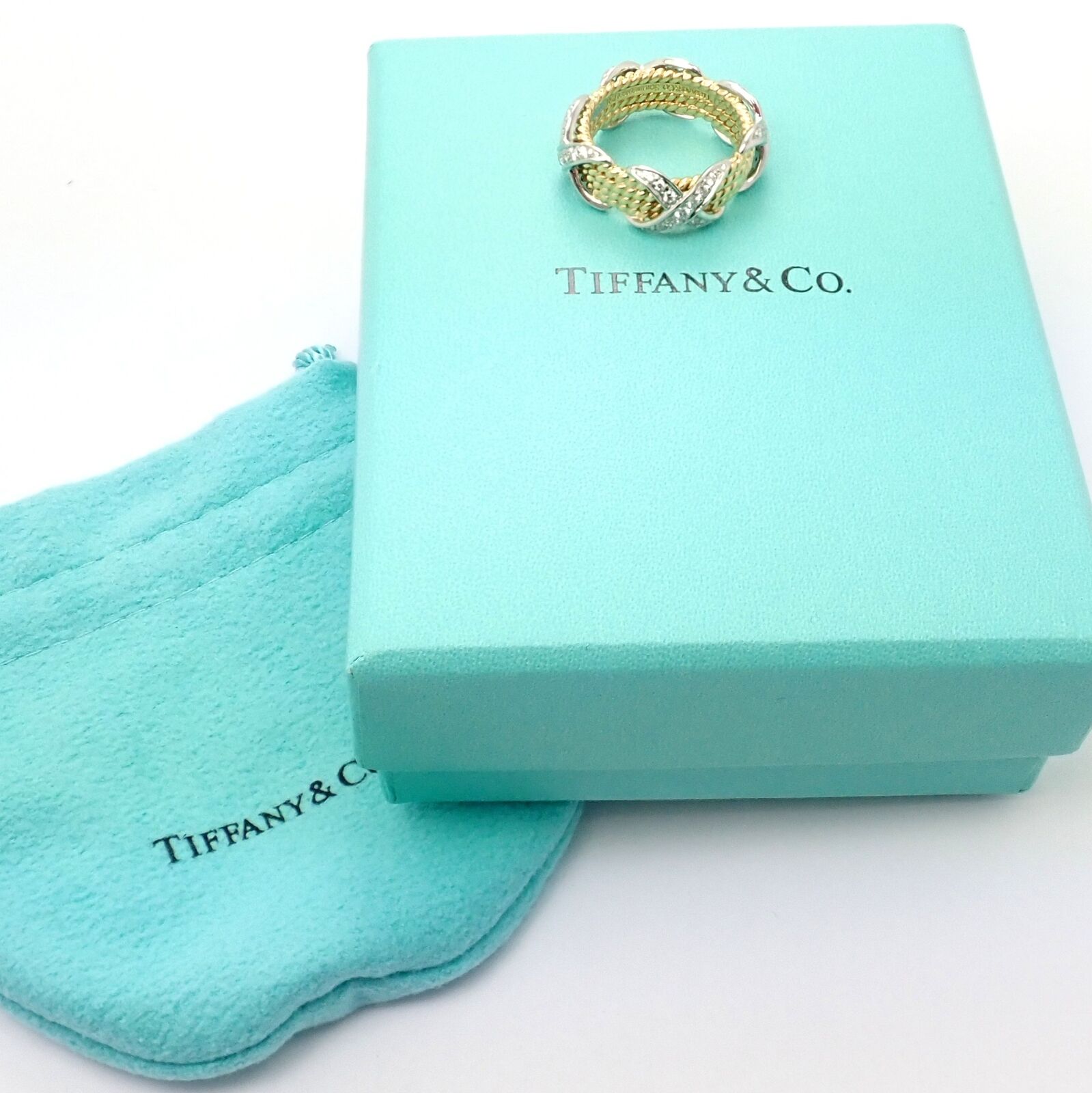 Tiffany & Co Schlumberger 18K Yellow Gold Platinum Diamond Rope Ring Size 6.5