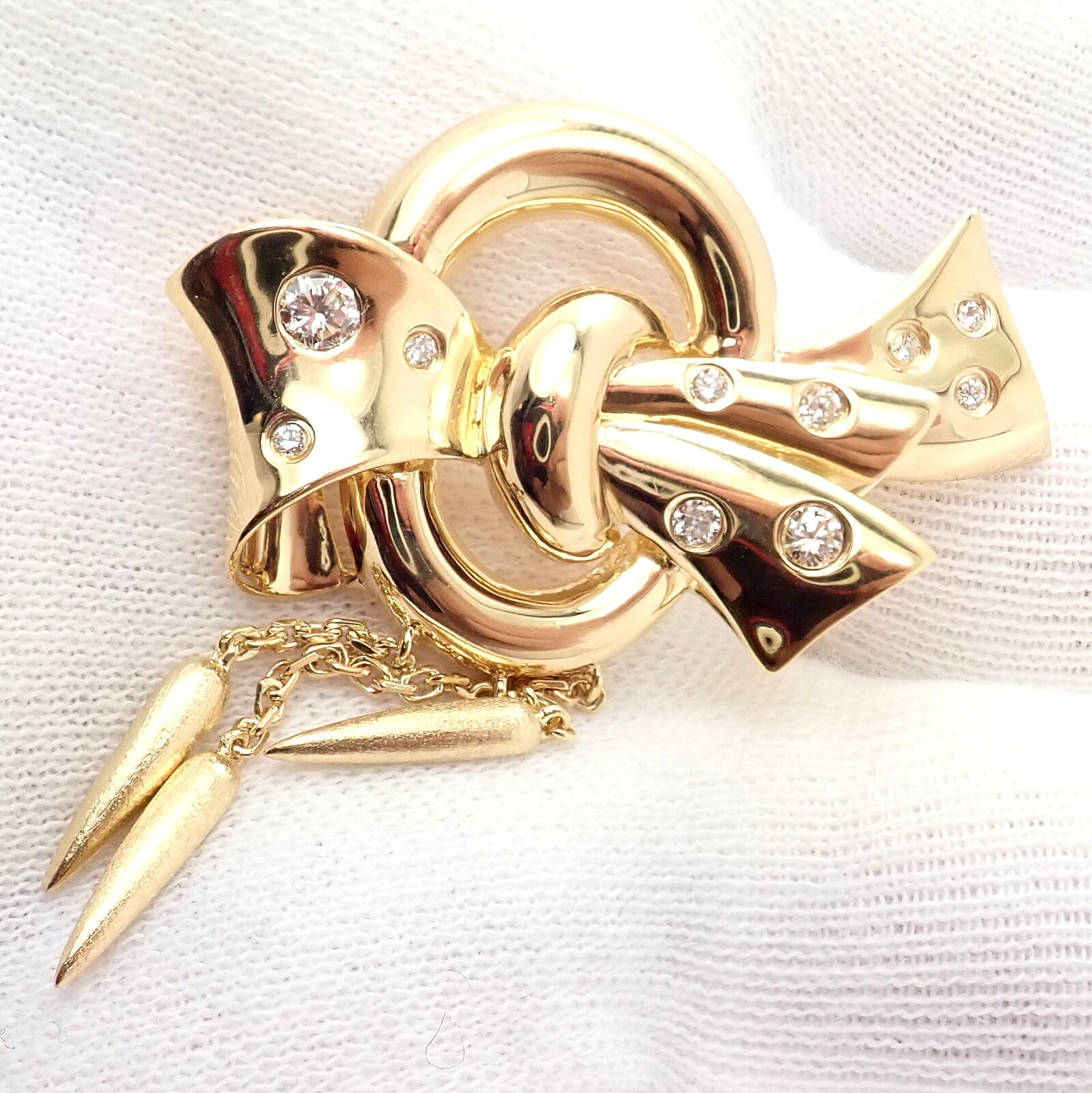 Authentic Vintage Christian Dior 18k Yellow Gold Diamond Pendulum Bow  Brooch Pin