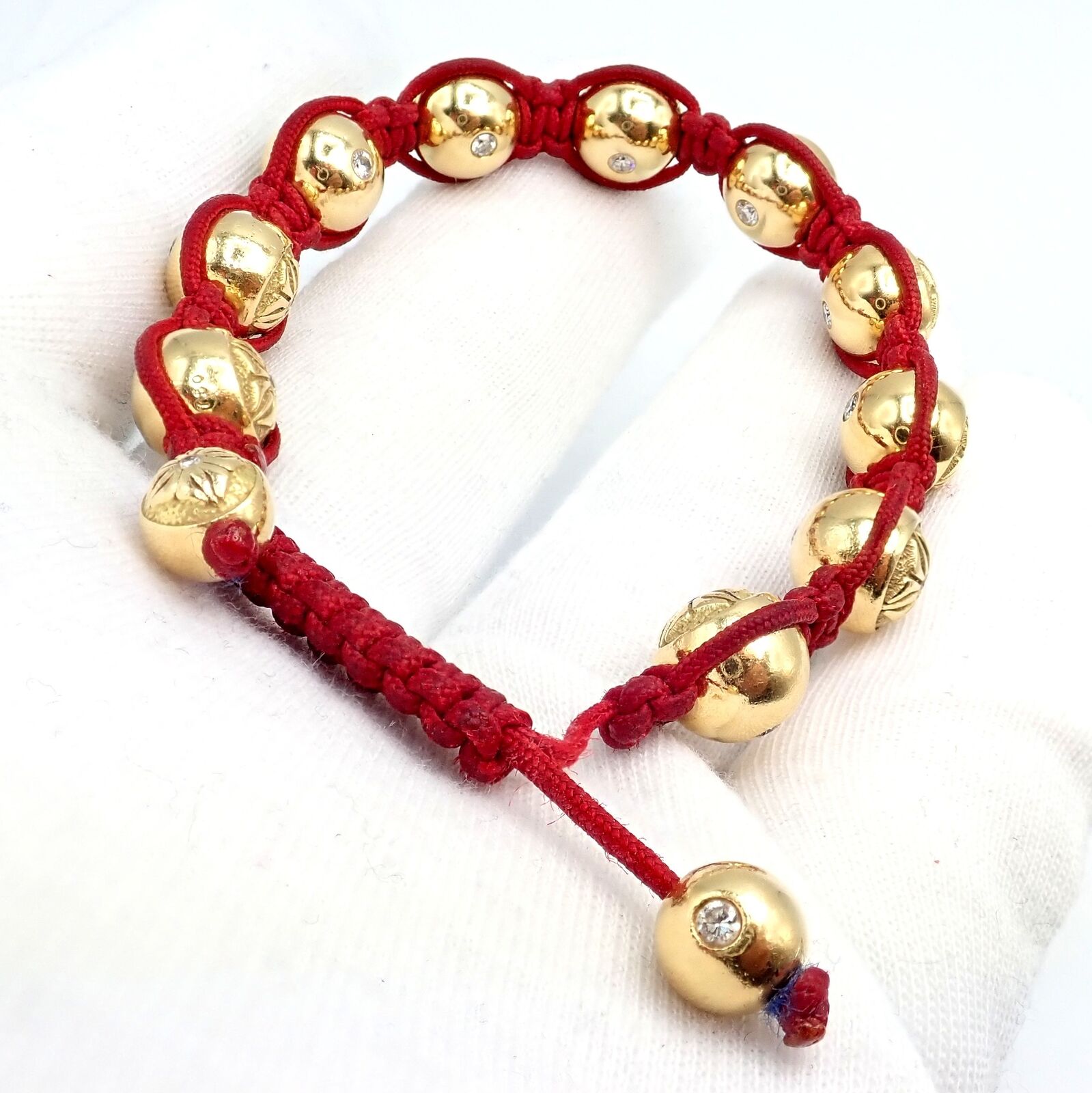 Authentic! Shamballa Jewels 18k Yellow Gold Bead Diamond Lucky Red Cord Bracelet | Fortrove