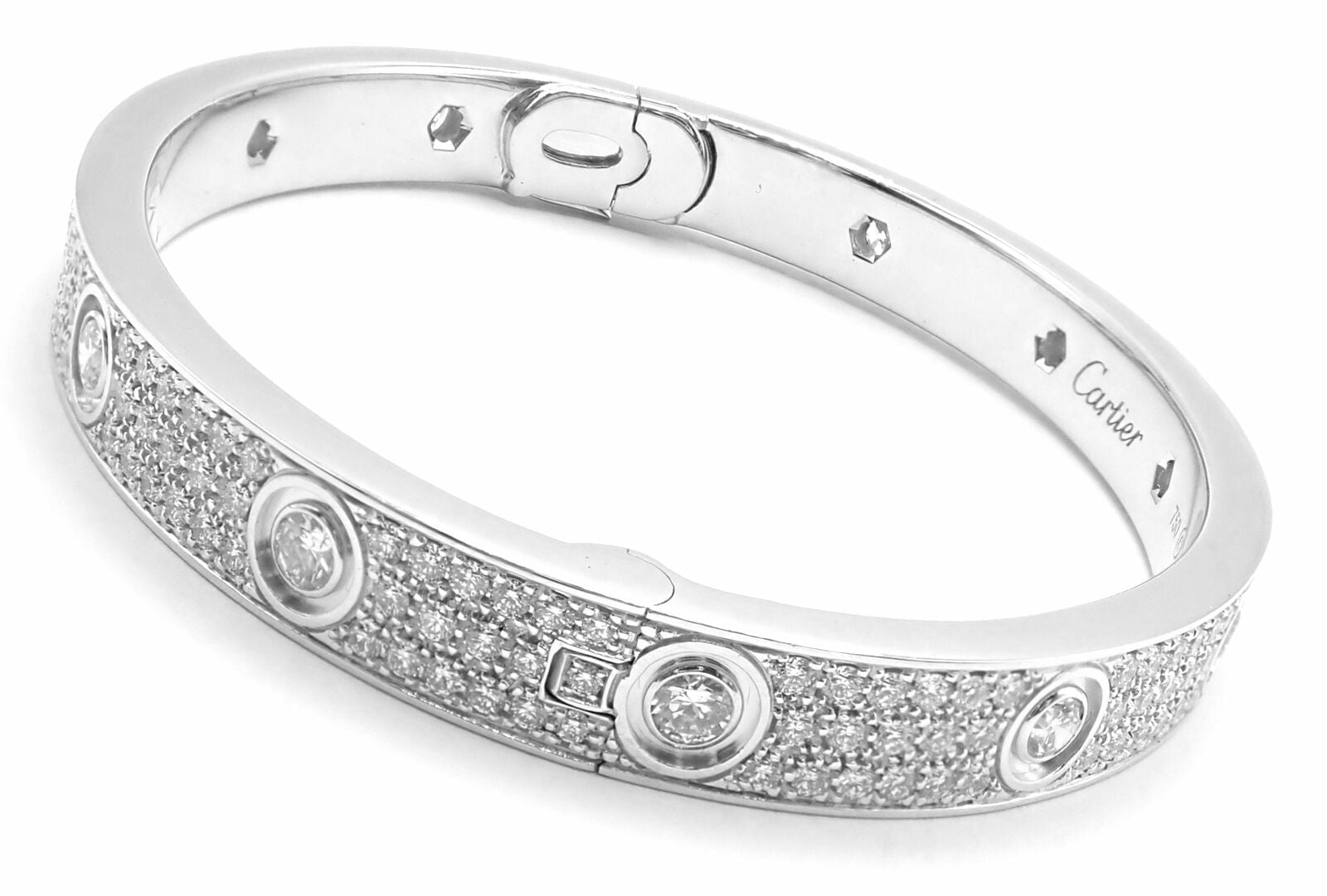 Authentic! Cartier Love 18K White Gold Diamond Pave Bangle Bracelet Sz 17 Paper