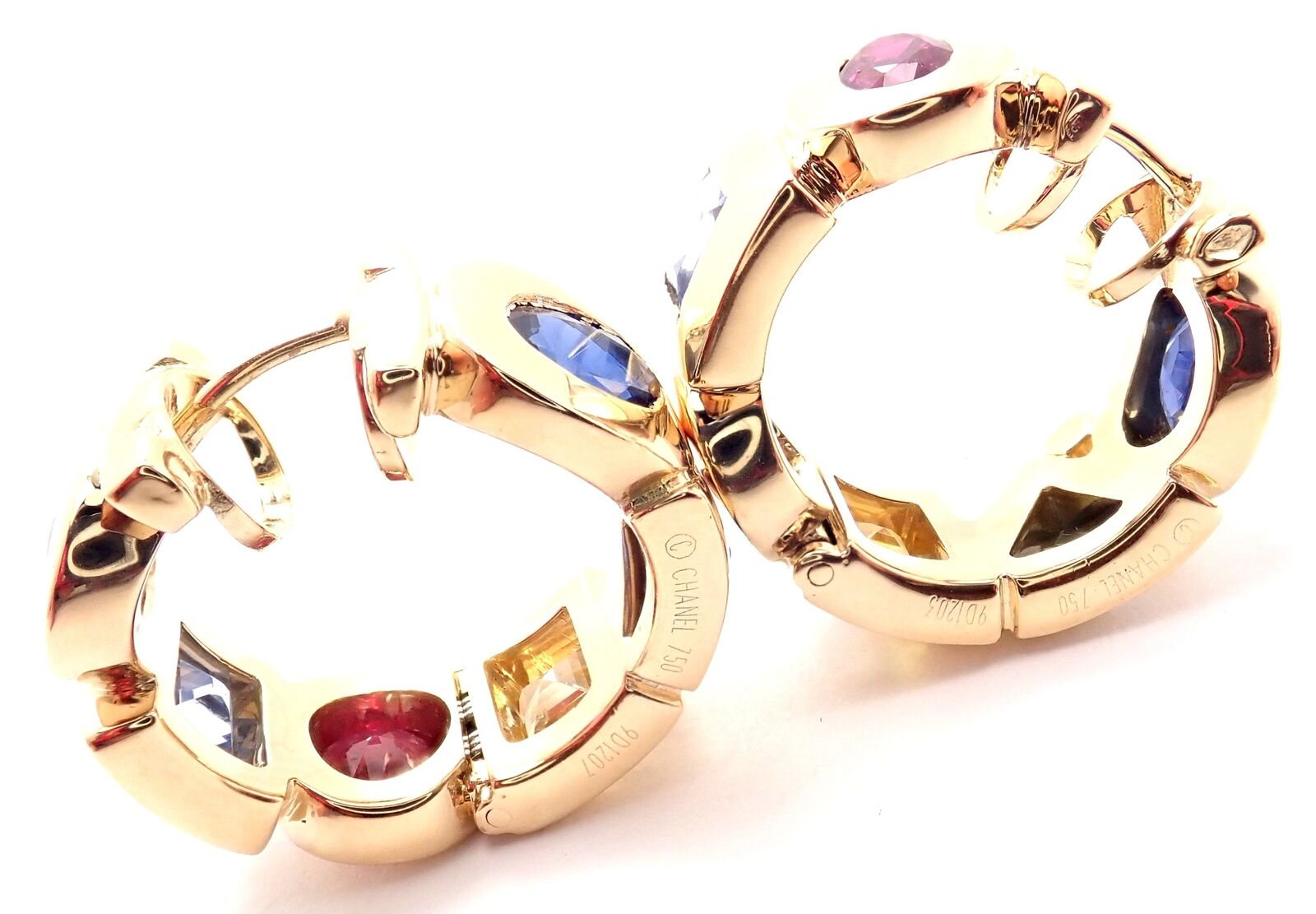 Authentic! Chanel 18K Yellow Gold Sapphire Ruby Hoop Earrings