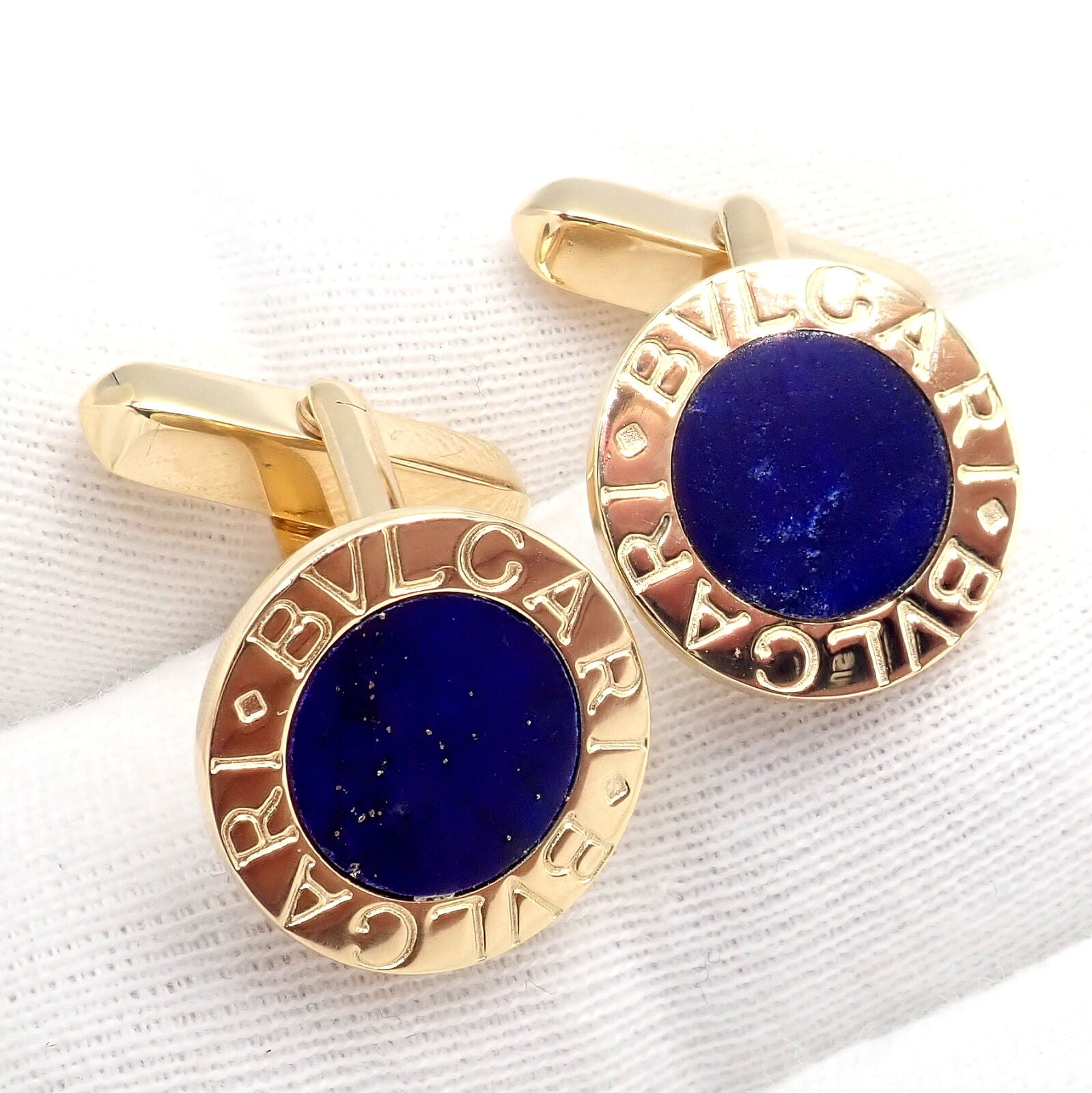 Authentic! Bvlgari Bulgari 18k Yellow Gold Lapis Lazuli Cufflinks