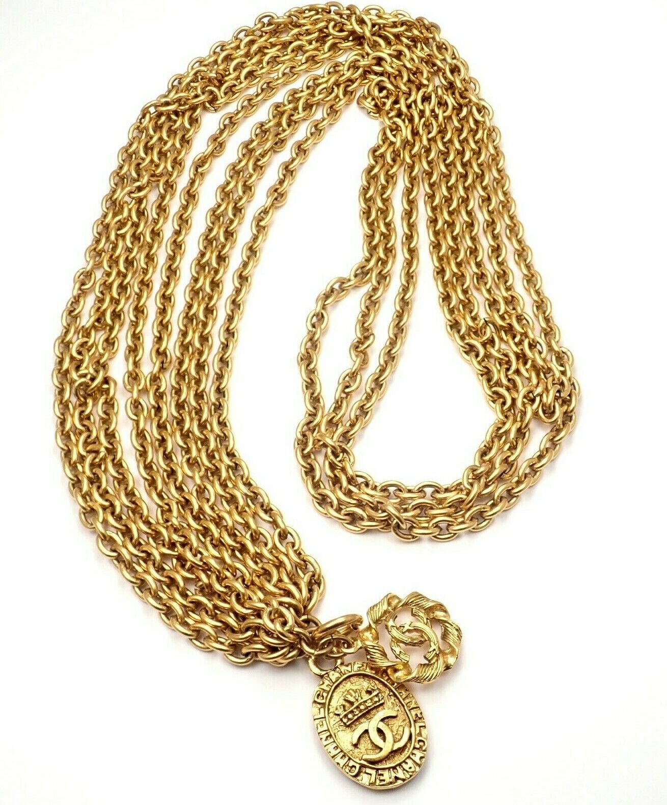 Amazing Authentic Chanel Gold Tone 3 Row Draped Clasp Belt Necklace 34