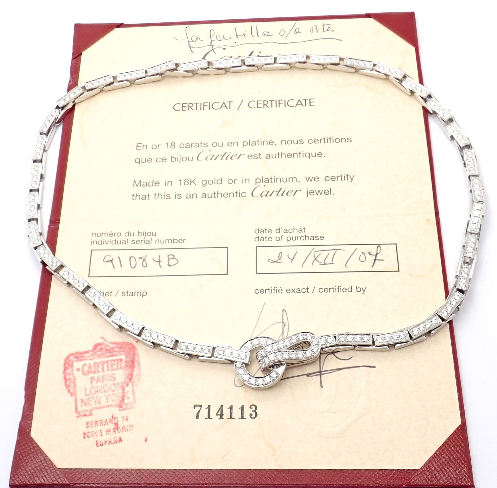 Authentic Cartier Agrafe 18k White Gold Full Diamond Link Necklace Certificate