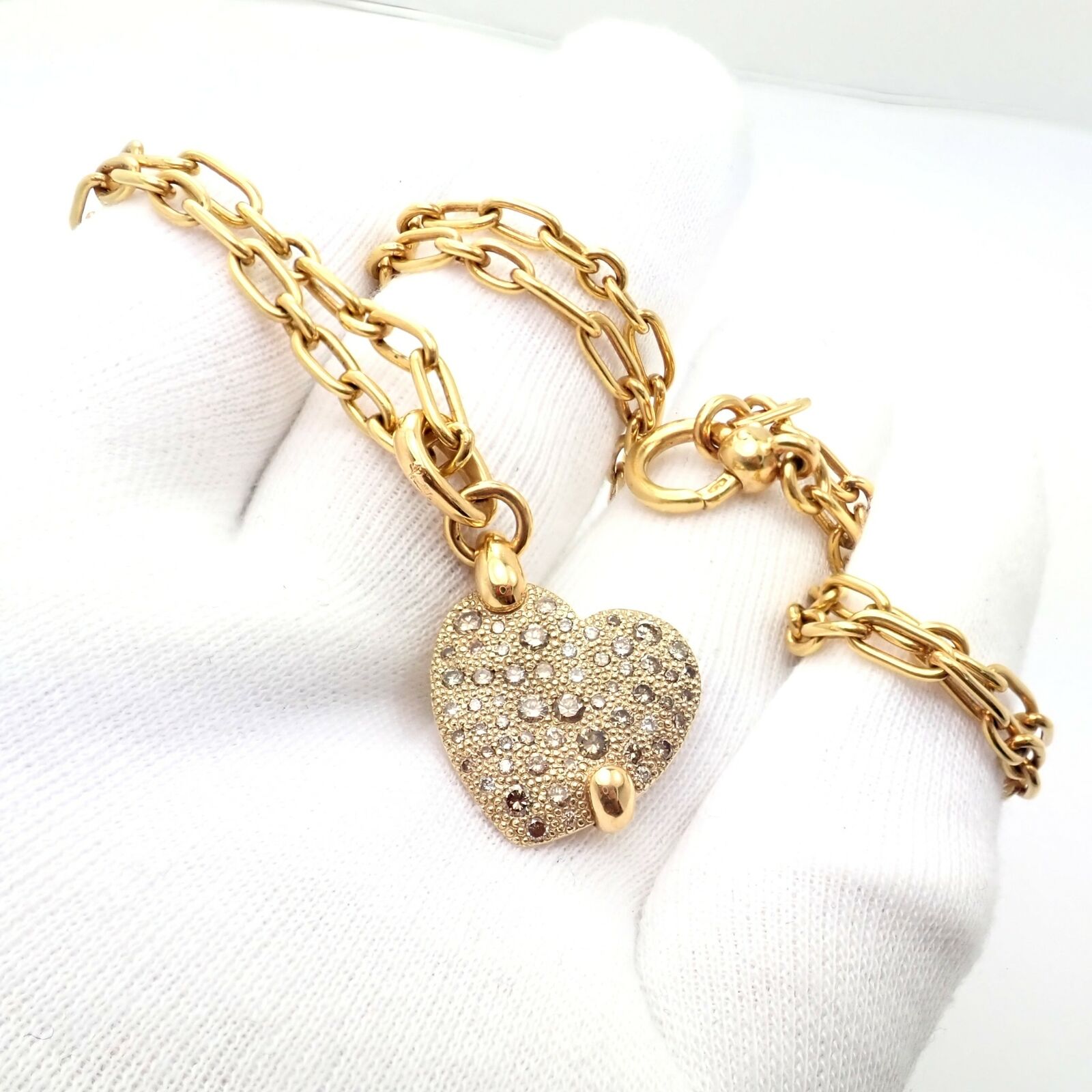 Pomellato Jewelry & Watches:Fine Jewelry:Necklaces & Pendants Rare! Pomellato 18k Yellow Gold 24" Chain Sabbia 1.25ctw Diamond Heart Necklace