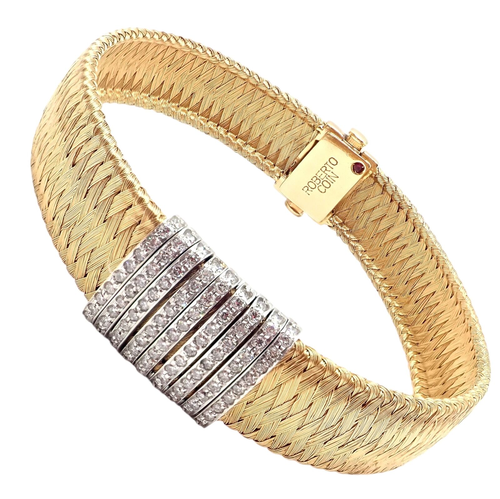 Authentic! Roberto Coin 18k Yellow Gold 9 Row Diamond Silk Weave Bracelet