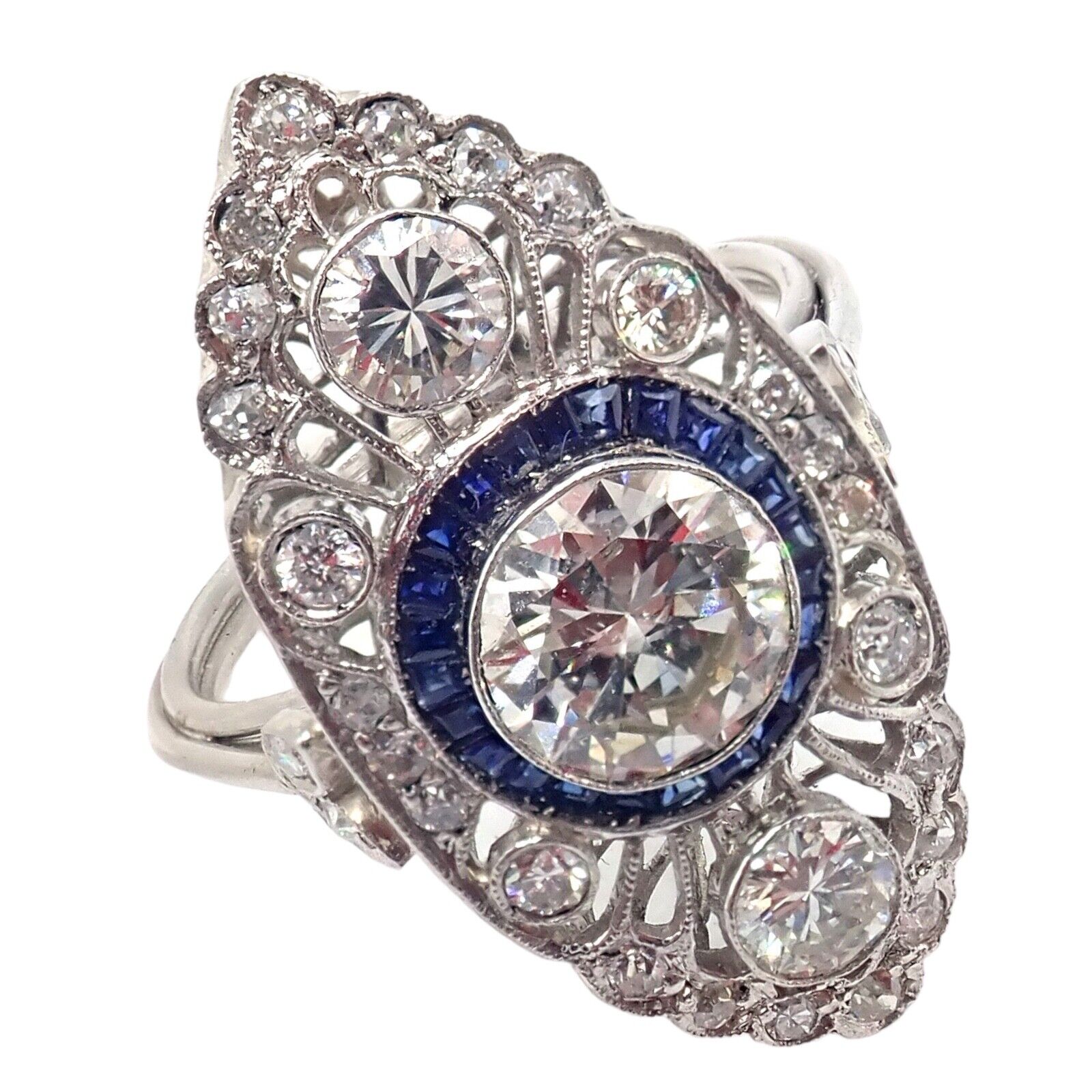 Estate Jewelry & Watches:Vintage & Antique Jewelry:Rings Vintage Estate Platinum 1.80ctw Diamond .65ctw Sapphire Art Deco Filigree Ring