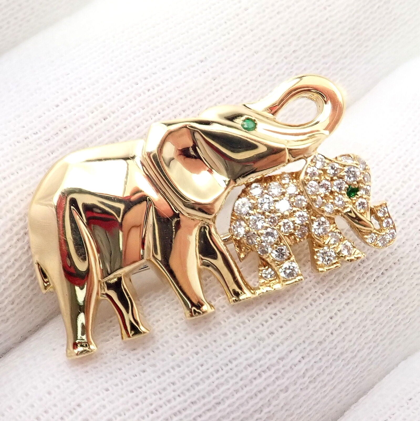 Authentic Cartier 18k Yellow Gold Mother Child Elephant Diamond Brooch Pin