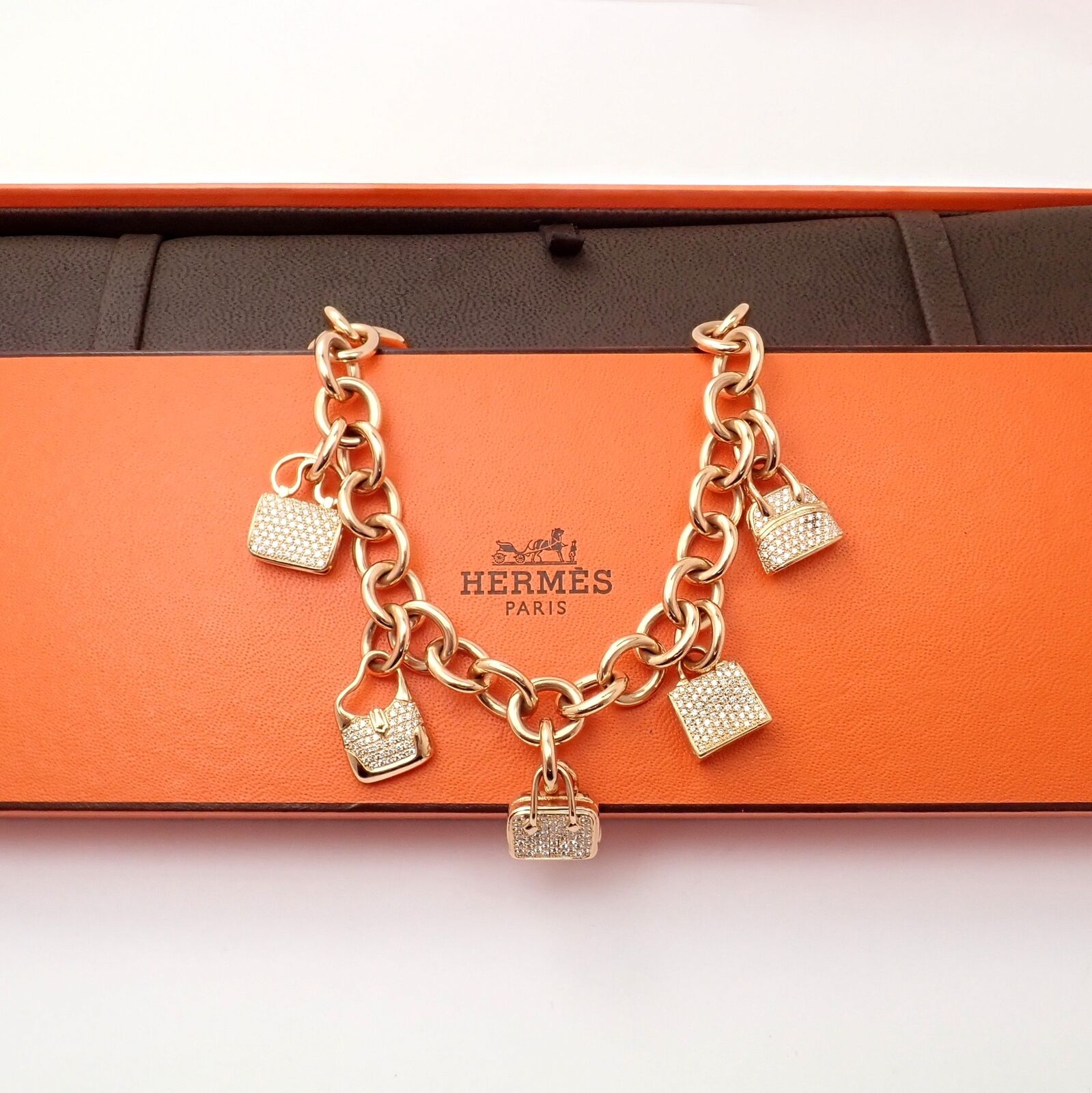 Authentic! Hermes 18k Rose Gold Diamond Signature Iconic Bag Charm Link  Bracelet
