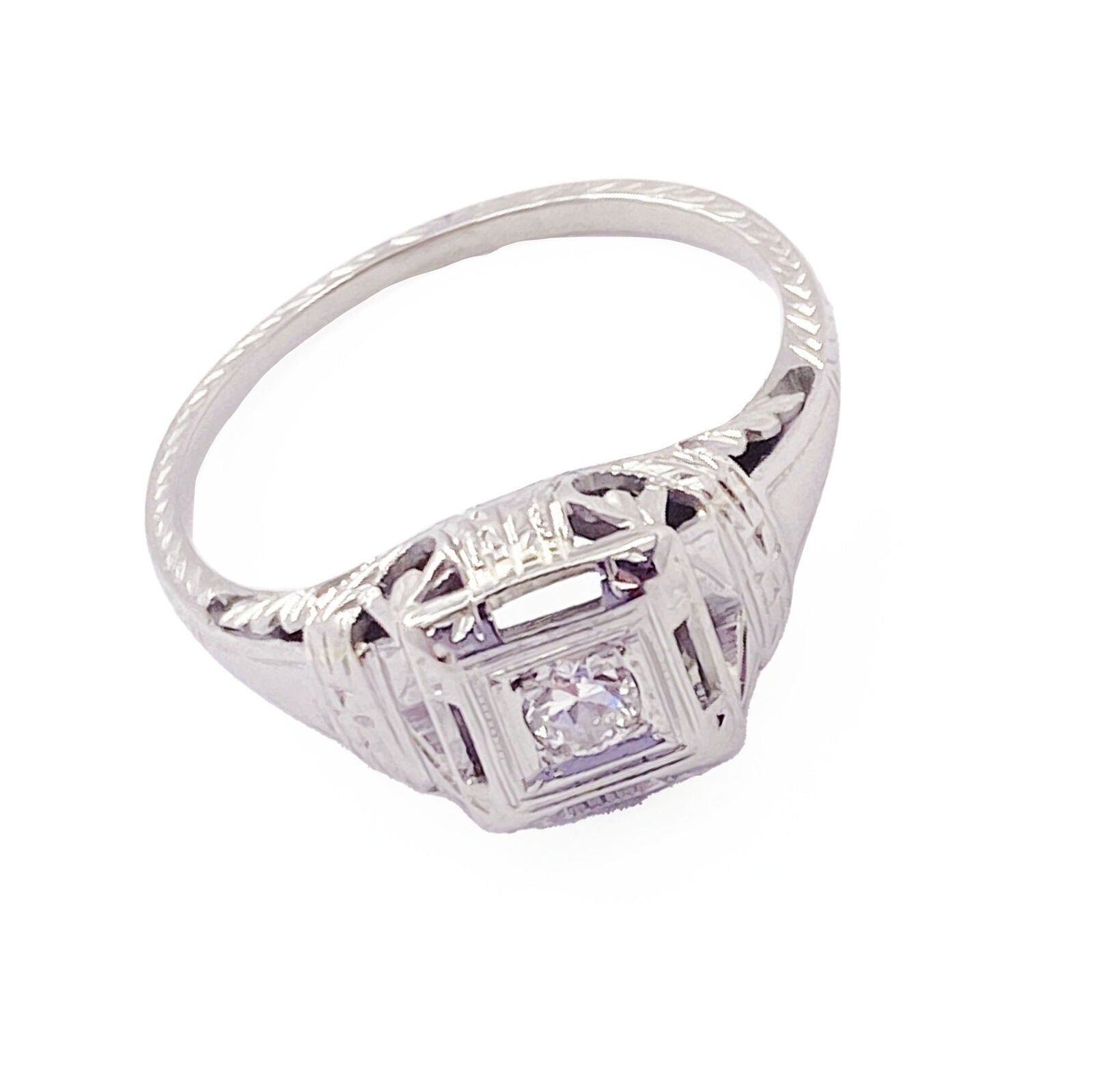 Estate Jewelry & Watches:Vintage & Antique Jewelry:Rings Vintage Estate 18k White Gold 0.14ct Diamond Art Deco Filigree Ring sz 5.75