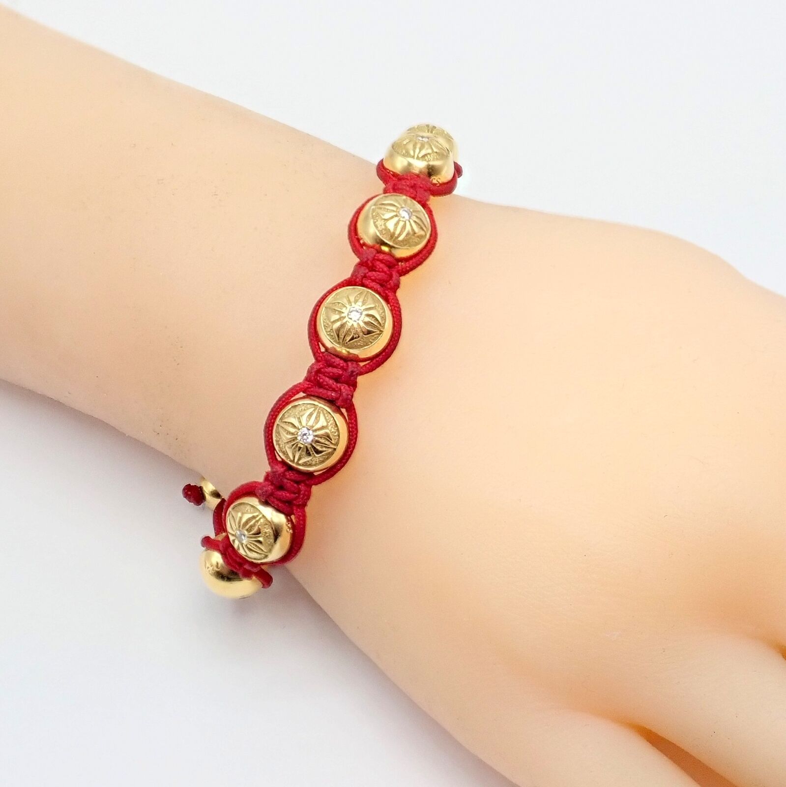 Authentic! Shamballa Jewels 18k Yellow Gold Bead Diamond Lucky Red Cord Bracelet | Fortrove