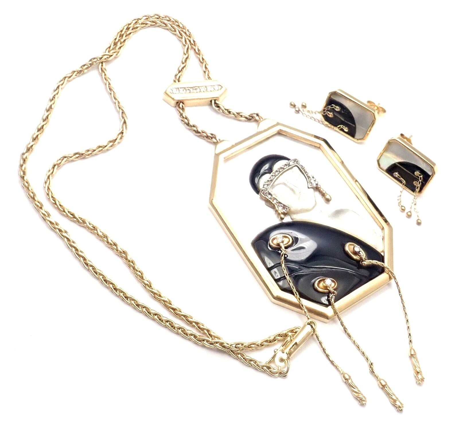 Erte Jewelry & Watches:Fine Jewelry:Jewelry Sets ERTE Folies 14k Yellow Gold Diamond Onyx Mother of Pearl Necklace & Earrings Set