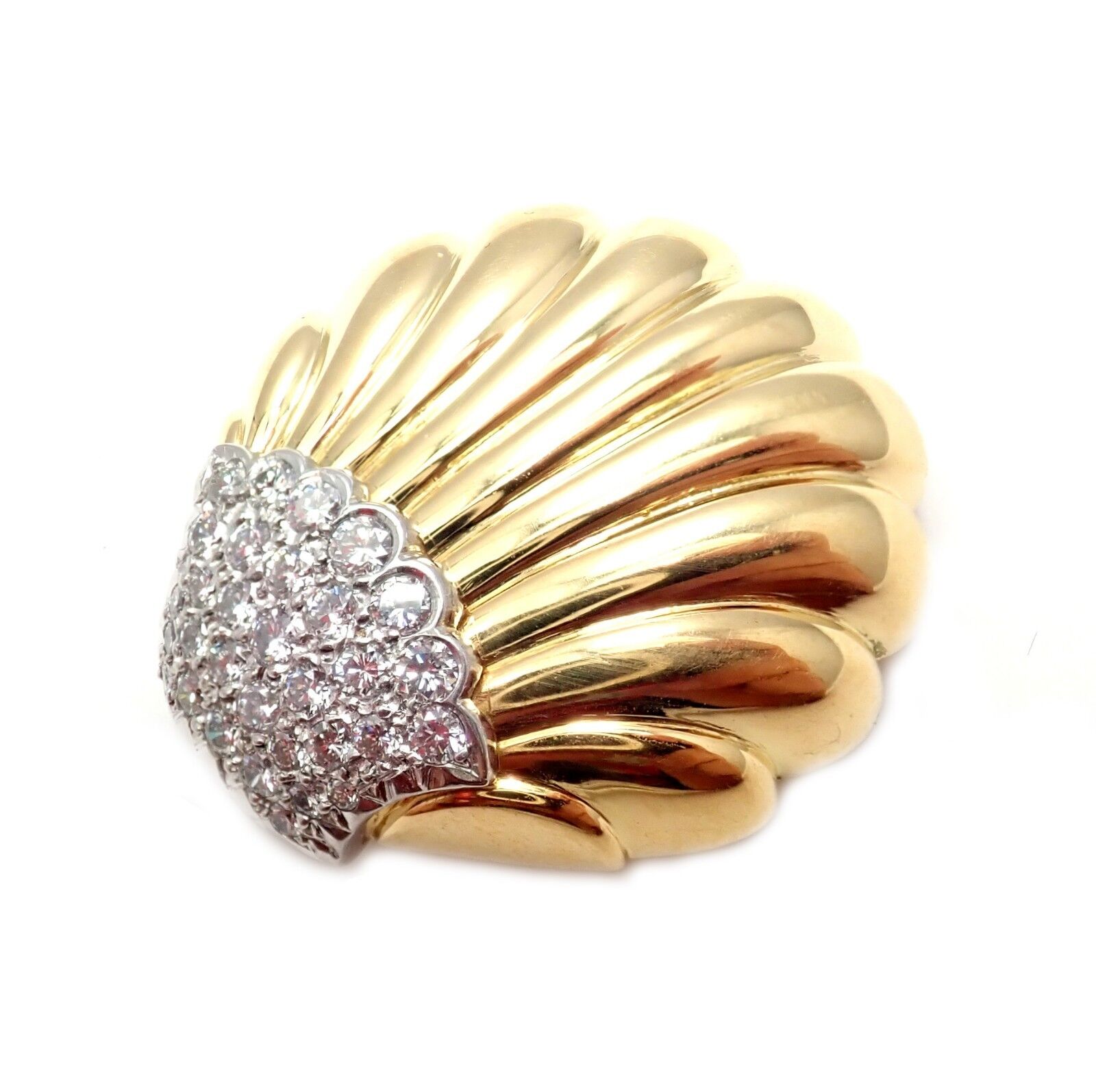 Estate Jewelry & Watches:Fine Jewelry:Brooches & Pins Vintage! Estate 18k Yellow Gold + Platinum Diamond Sea Shell Scallop Brooch Pin