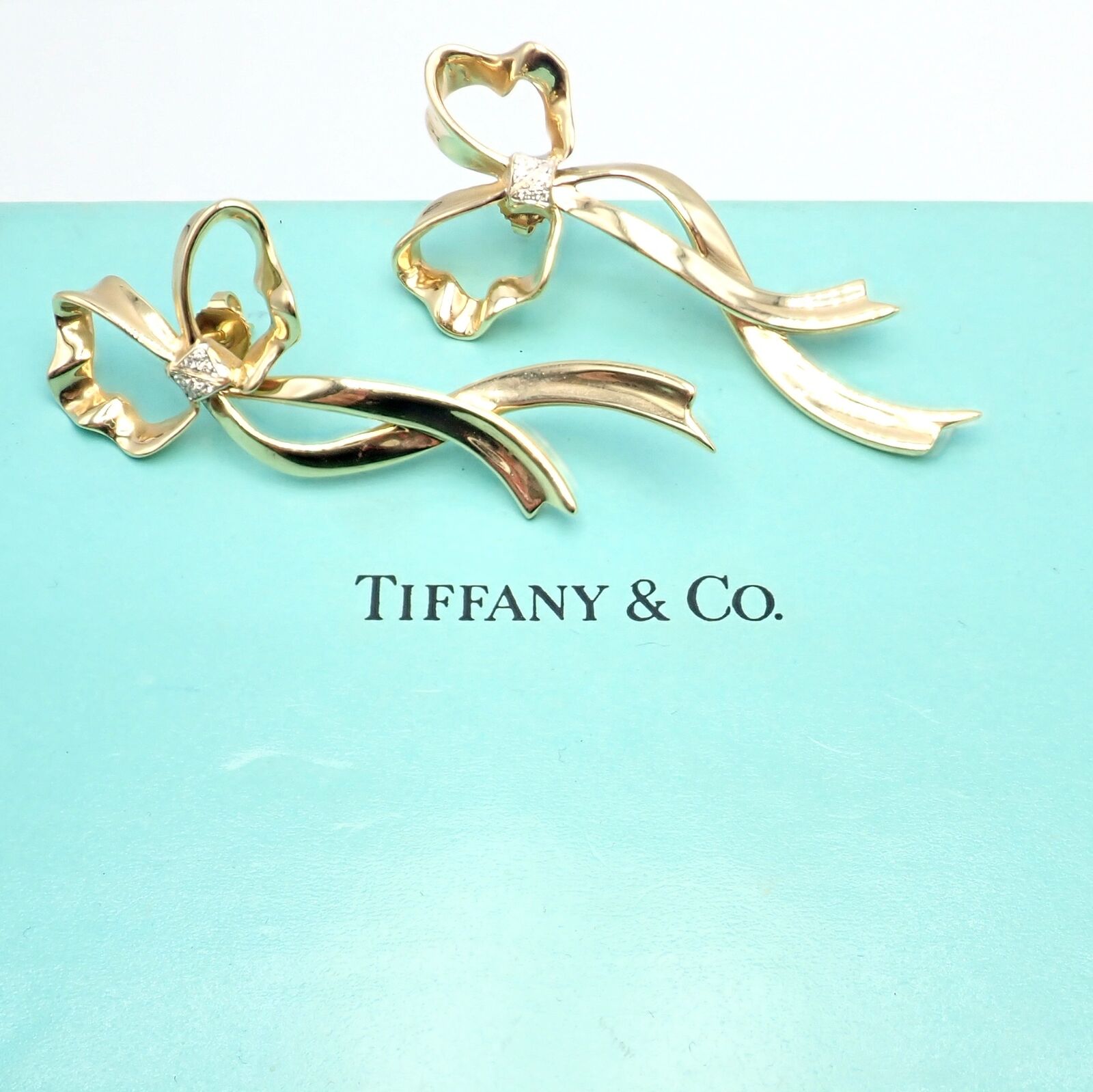 Tiffany & Co. Jewelry & Watches:Fine Jewelry:Earrings Authentic Tiffany & Co 18k Yellow Gold Diamond Large Ribbon Bow Earrings 1985