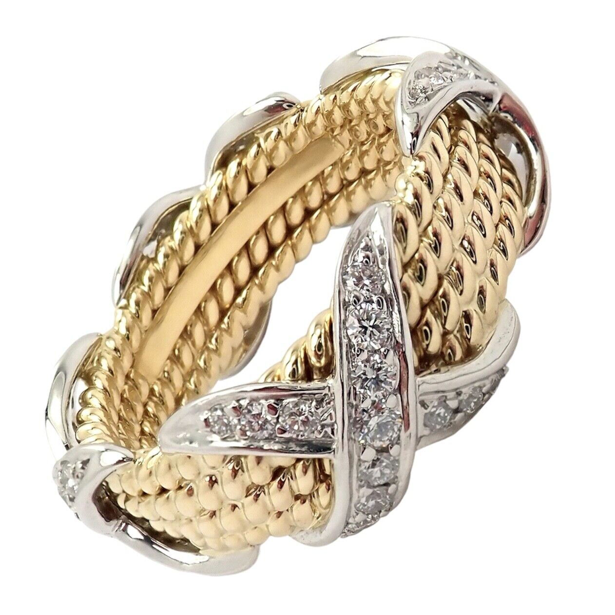 Tiffany & Co Schlumberger 18k Yellow Gold Platinum Diamond Rope Ring Size  6.5