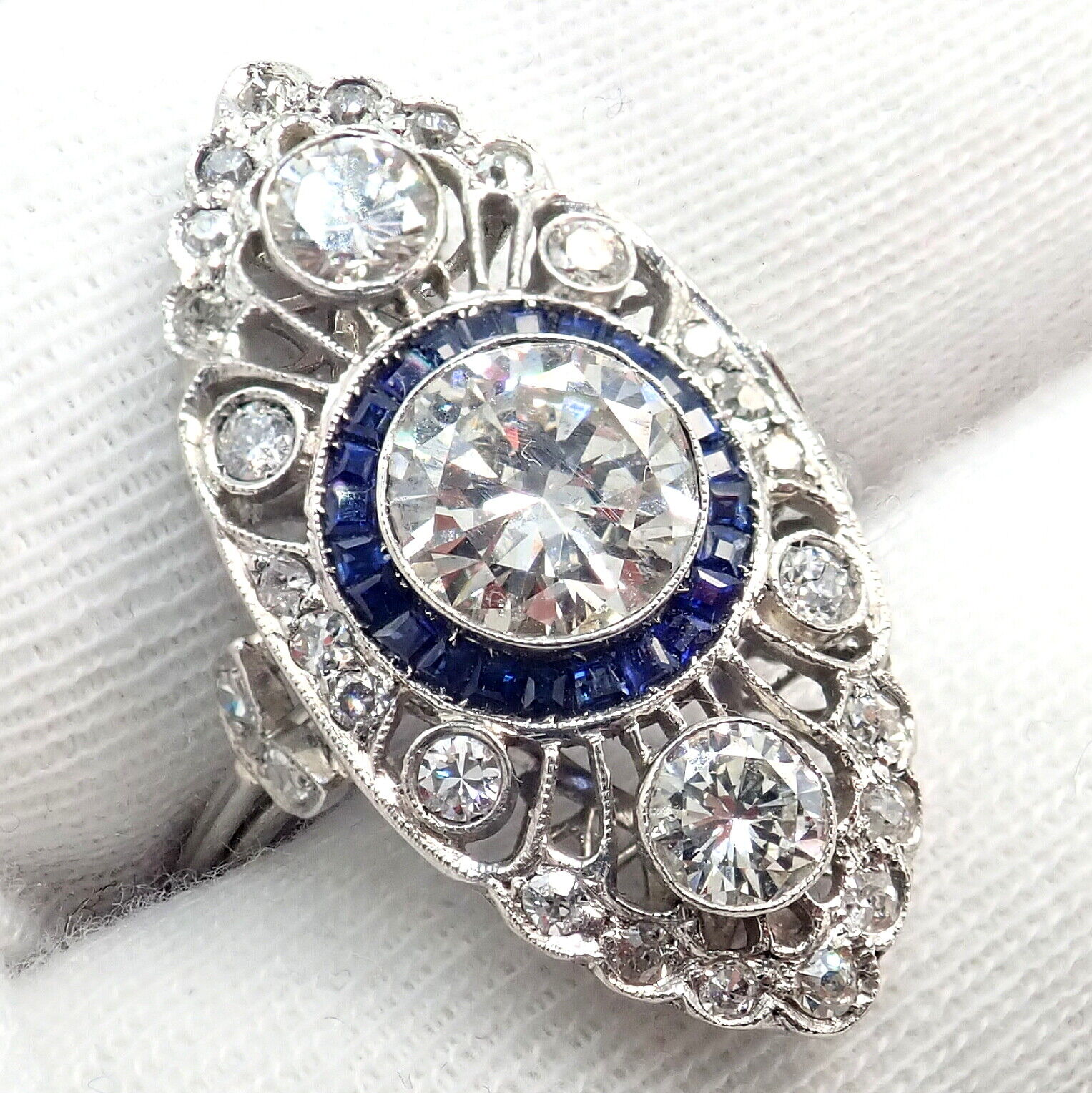 Estate Jewelry & Watches:Vintage & Antique Jewelry:Rings Vintage Estate Platinum 1.80ctw Diamond .65ctw Sapphire Art Deco Filigree Ring