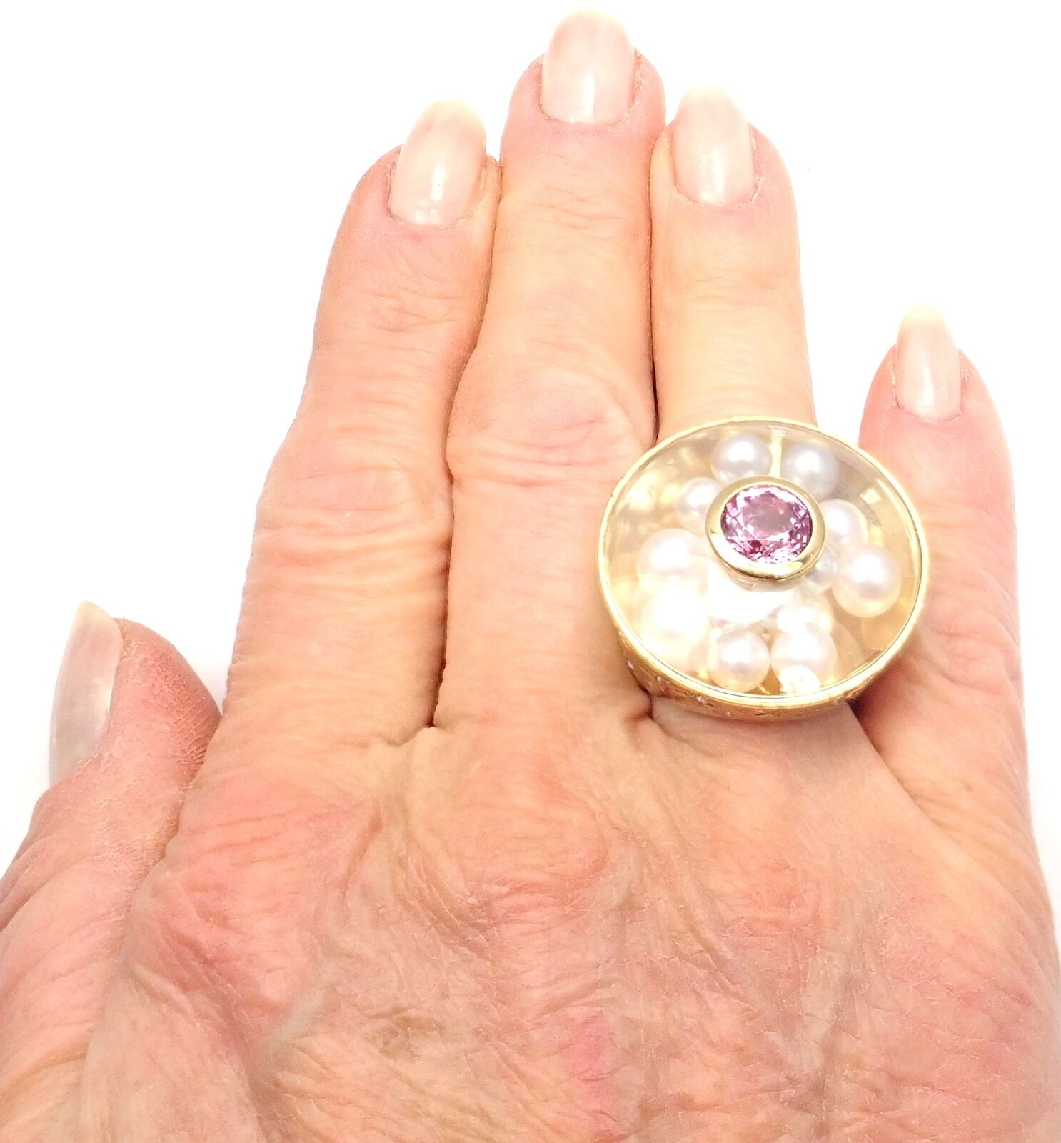 CHANEL Jewelry & Watches:Fine Jewelry:Rings Authentic! Chanel Comete 18k Yellow Gold Diamond Pink Sapphire Pearl Large Ring