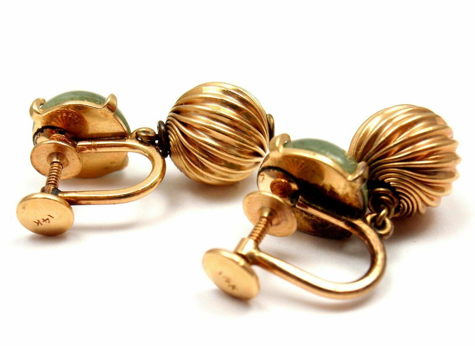 Estate Jewelry & Watches:Fine Jewelry:Earrings Vintage Estate 14k Yellow Gold Green Jade Screw Back Earrings