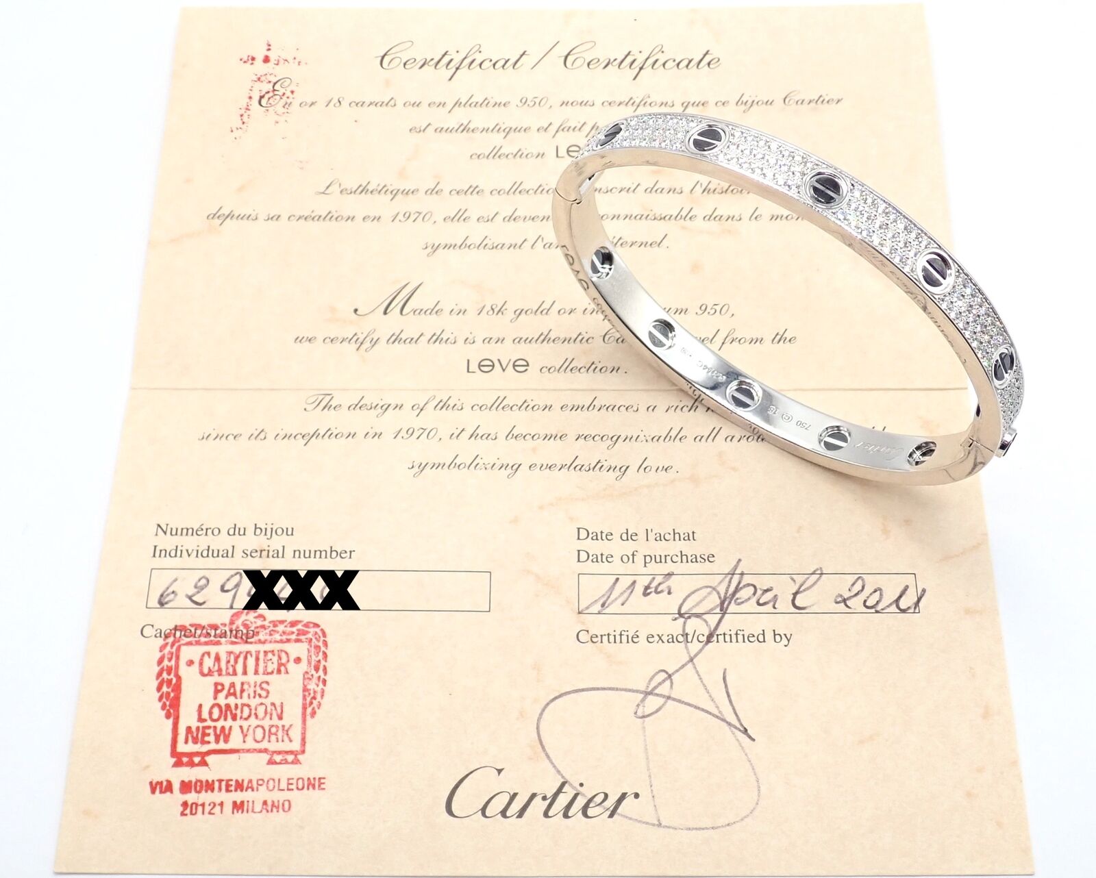 Cartier White Gold and Diamond Love Bangle Bracelet, Vintage Jewelry
