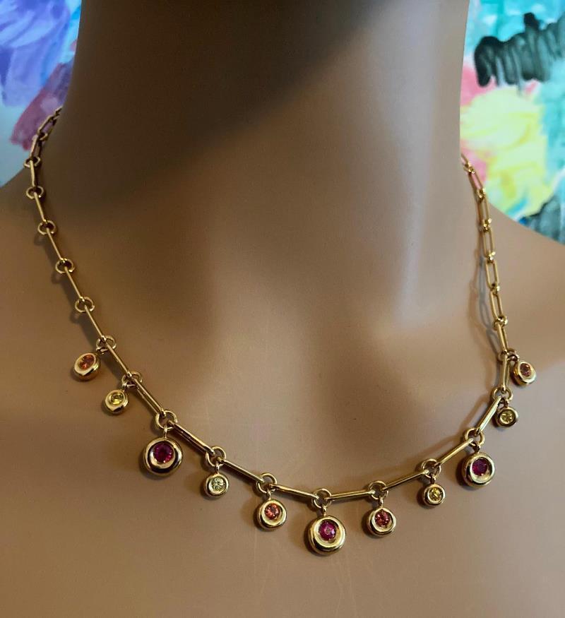 Authentic! Chaumet 18k Yellow Gold Fancy Color Sapphire Bubble Necklace 18