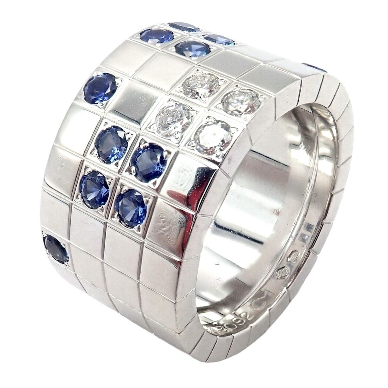 Cartier Jewelry & Watches:Fine Jewelry:Rings Cartier 18k White Gold Lanieres Diamond Blue Sapphire Wide Band Ring 2004 6.75