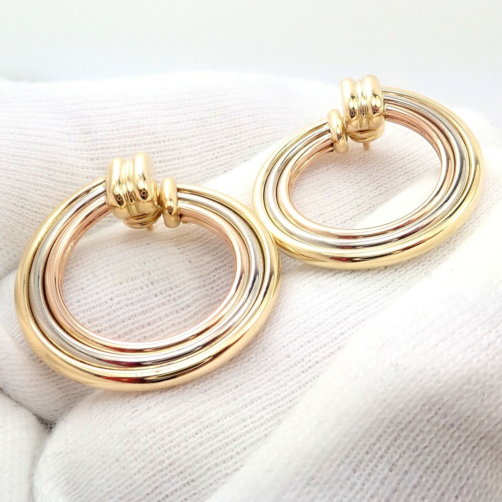 Authentic Cartier 18k Tri Color Gold Large Trinity Hoop Earrings