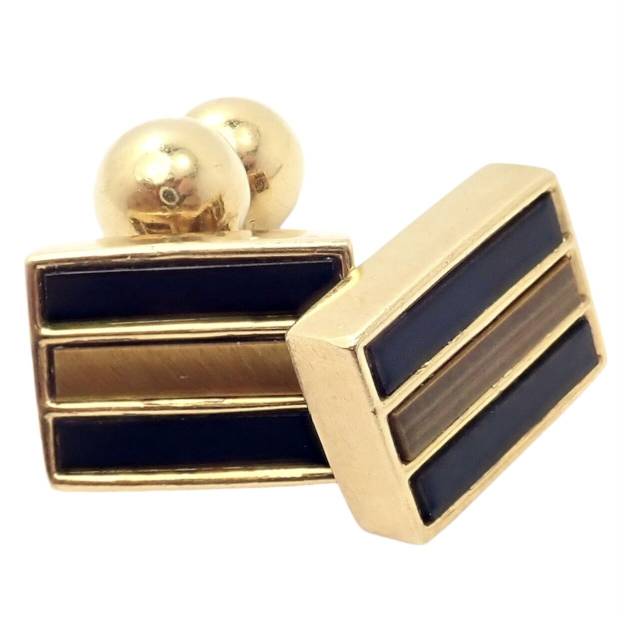 Rare Vintage Tiffany & Co. 18k Yellow Gold Classic Onyx Tiger Eye Cufflinks | Fortrove